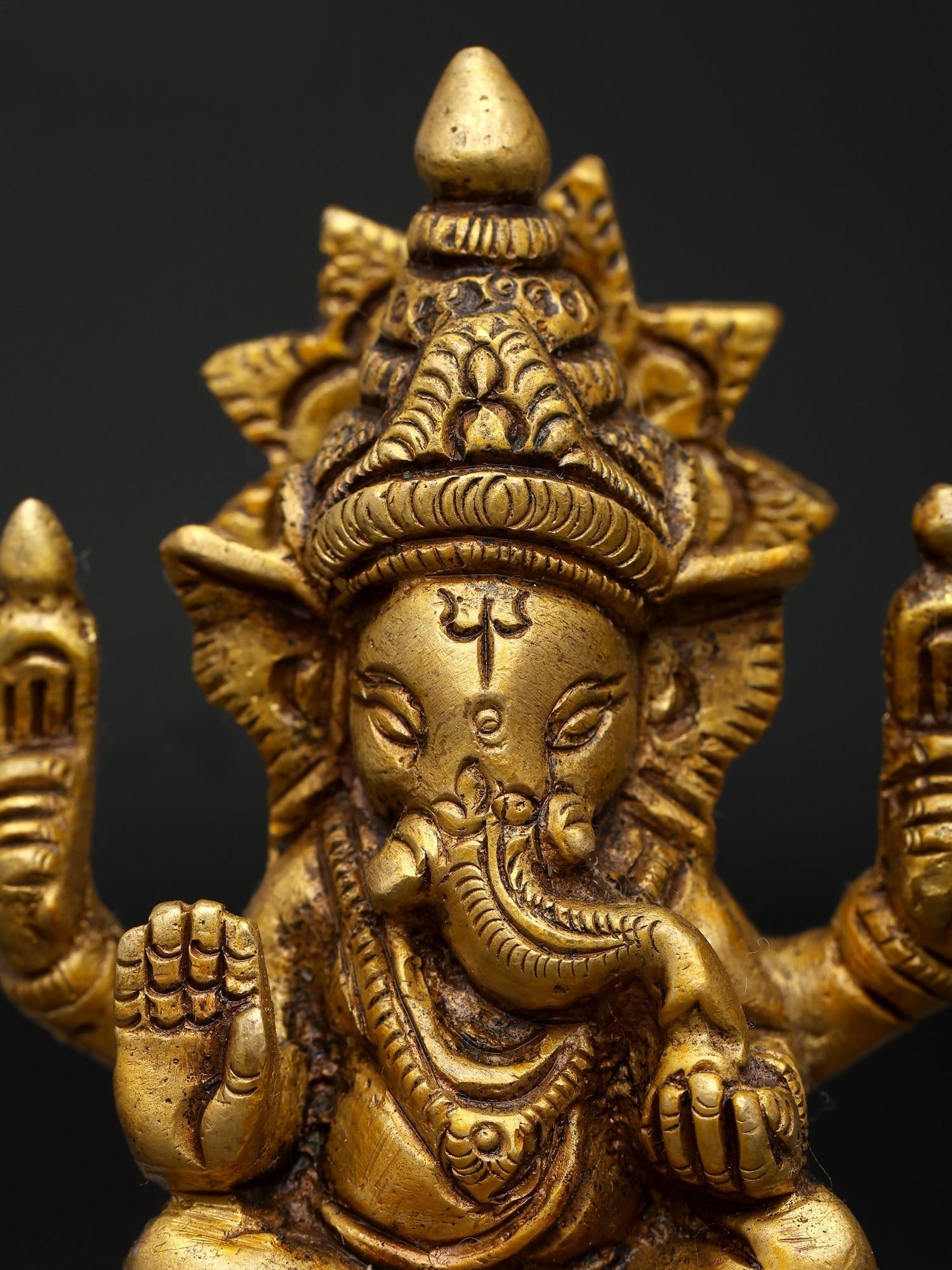 3" Chaturbhuja Lord Ganesha in Seated Posture | Brass Small Statue For Gifting - 2