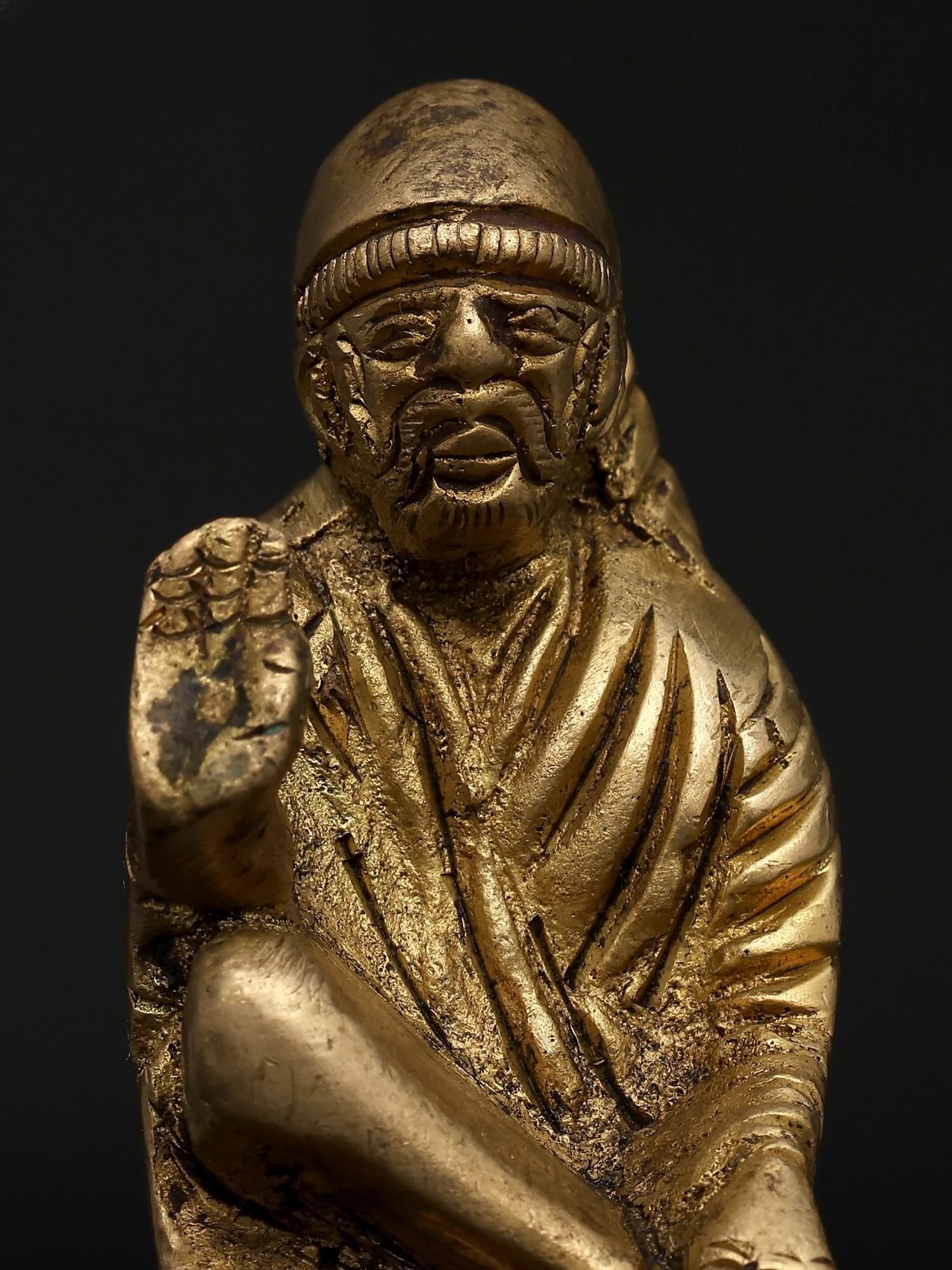 3" Saint Sai Baba Seated on Asana in Blessing Gesture | Brass Statue - 2