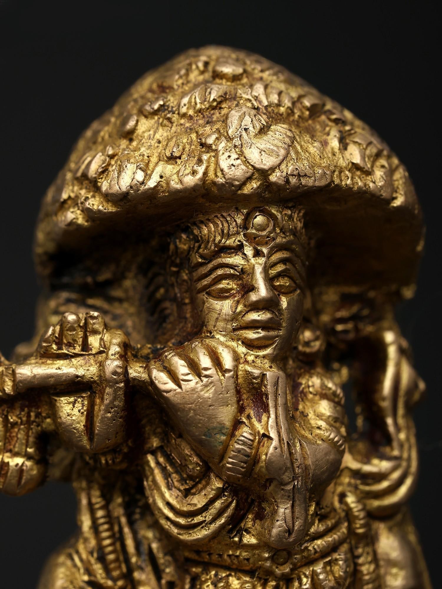 3" Small Brass Statue of Lord Krishna with Flute and Cow | Made In India - 2