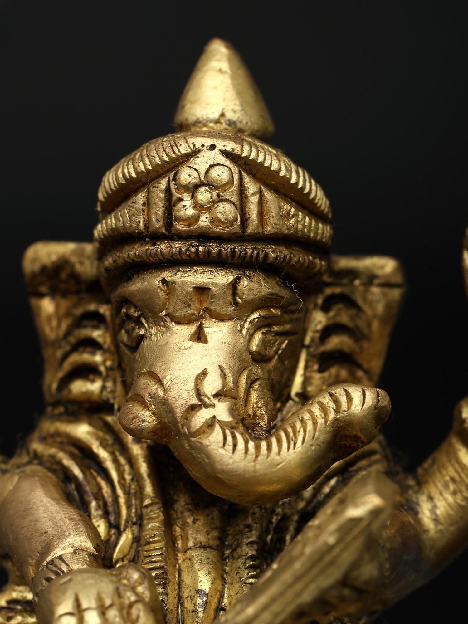 2" Small Four Handed Lord Ganesha Writing The Mahabharata | Brass Statue - 2