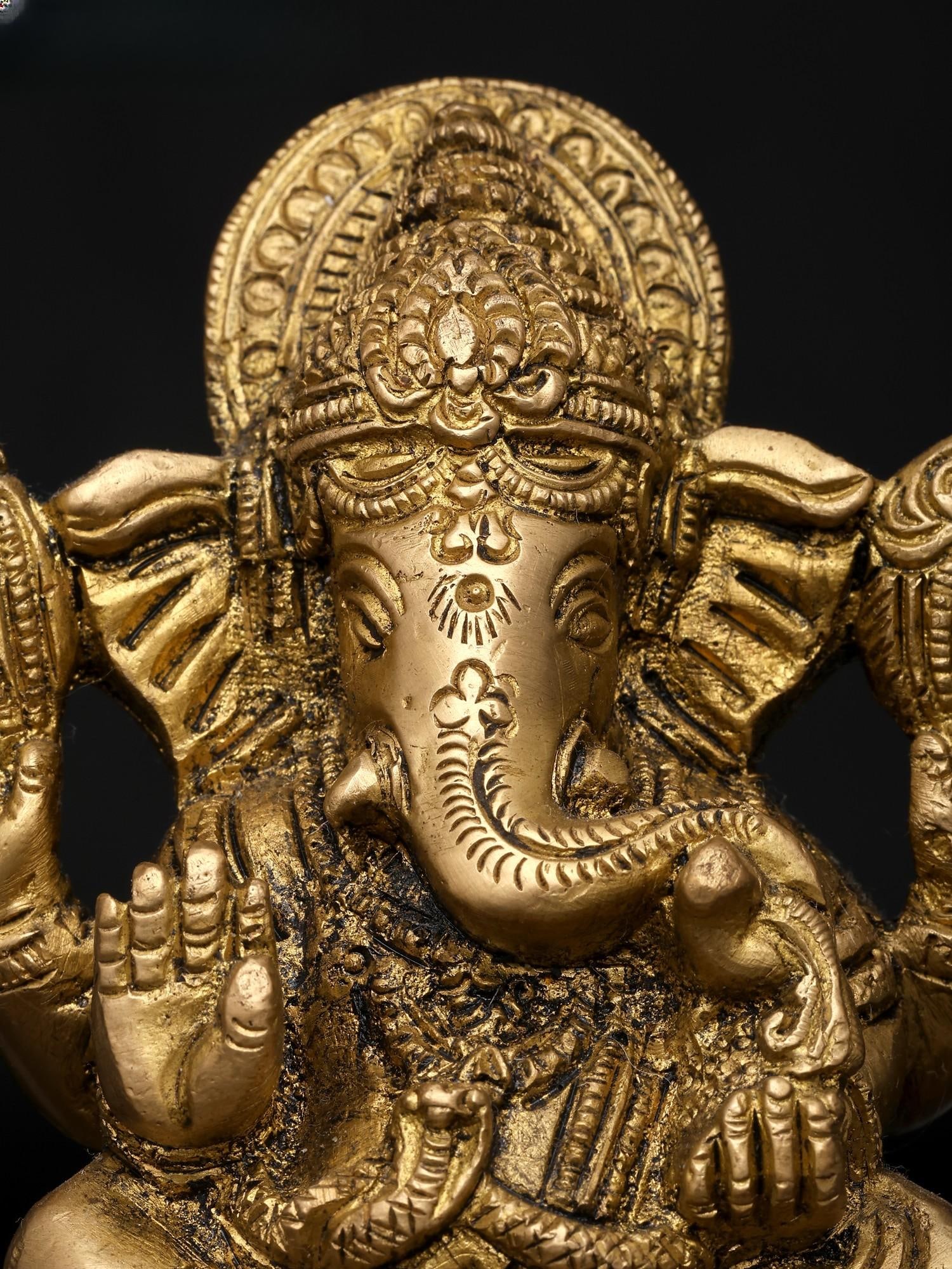 4" Small Four Armed Blessing Lord Ganesha | Brass Idol - 2