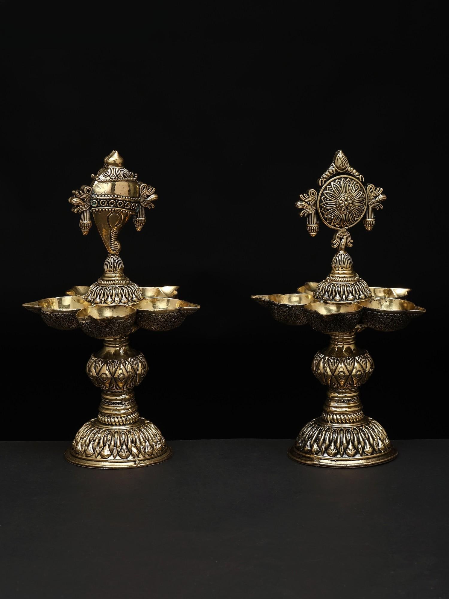 8" Pair of Superfine Multi Wicks Conch and Chakra Lamps for Puja | Handmade | Made In India - 2