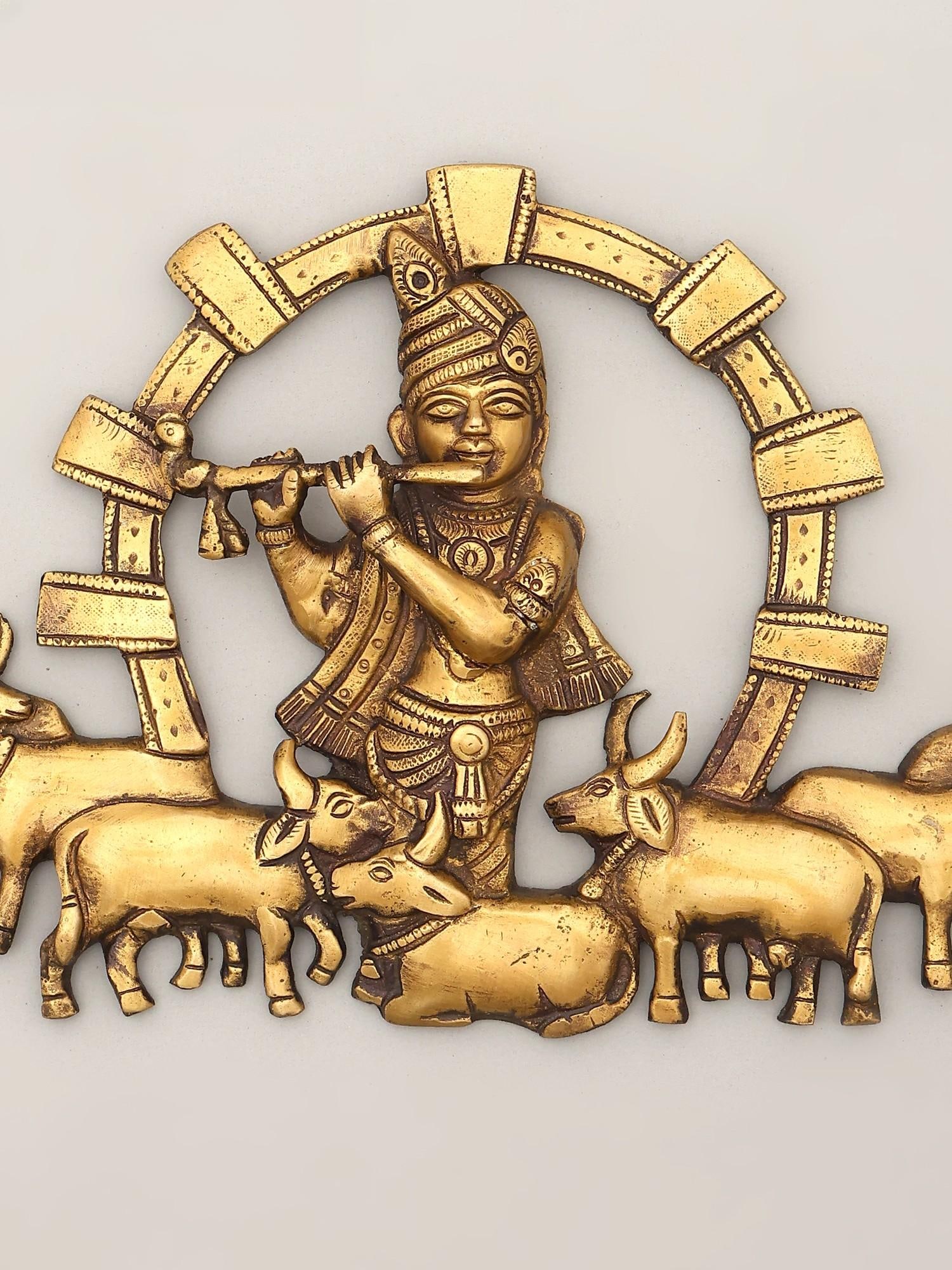 11" Fluting Lord Krishna with Cows | Wall Hanging Brass Statue - 2