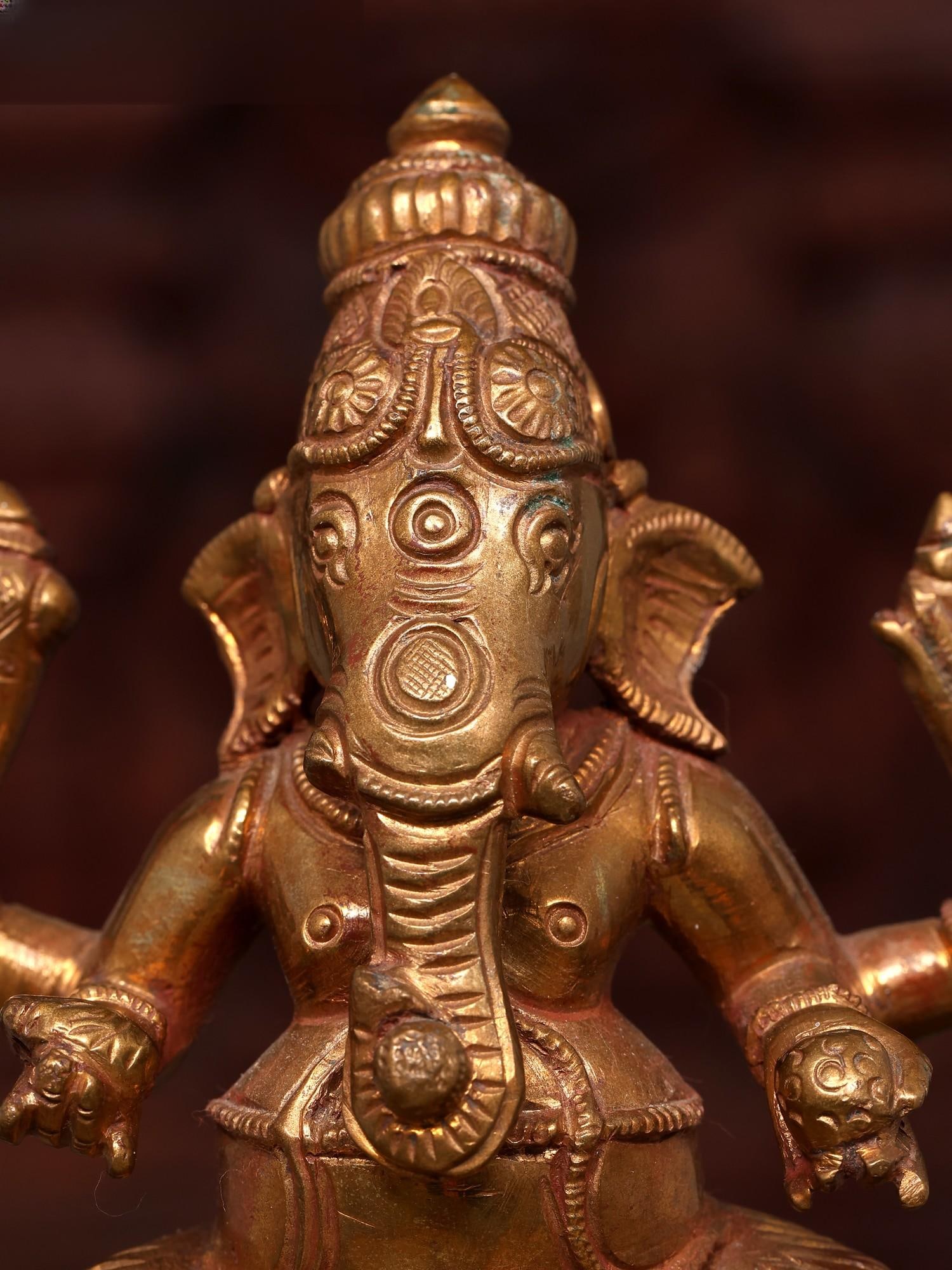 5" Small Sitting Four Armed Lord Ganesha | Bronze Statue - 2