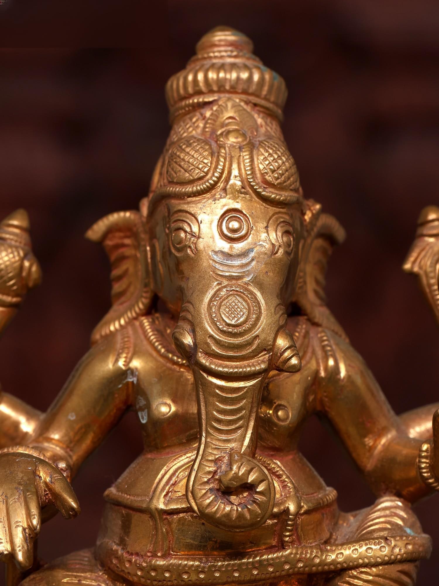 5" Small Sitting Chaturbhuja Lord Ganesha | Bronze Statue - 2