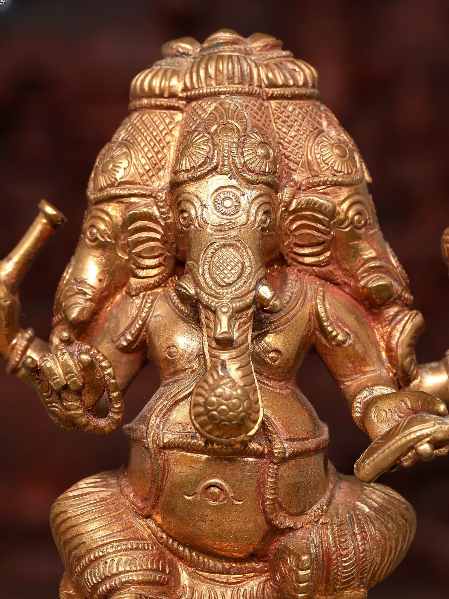 5" Small Four Headed Sitting Lord Ganesha | Bronze Statue - 2