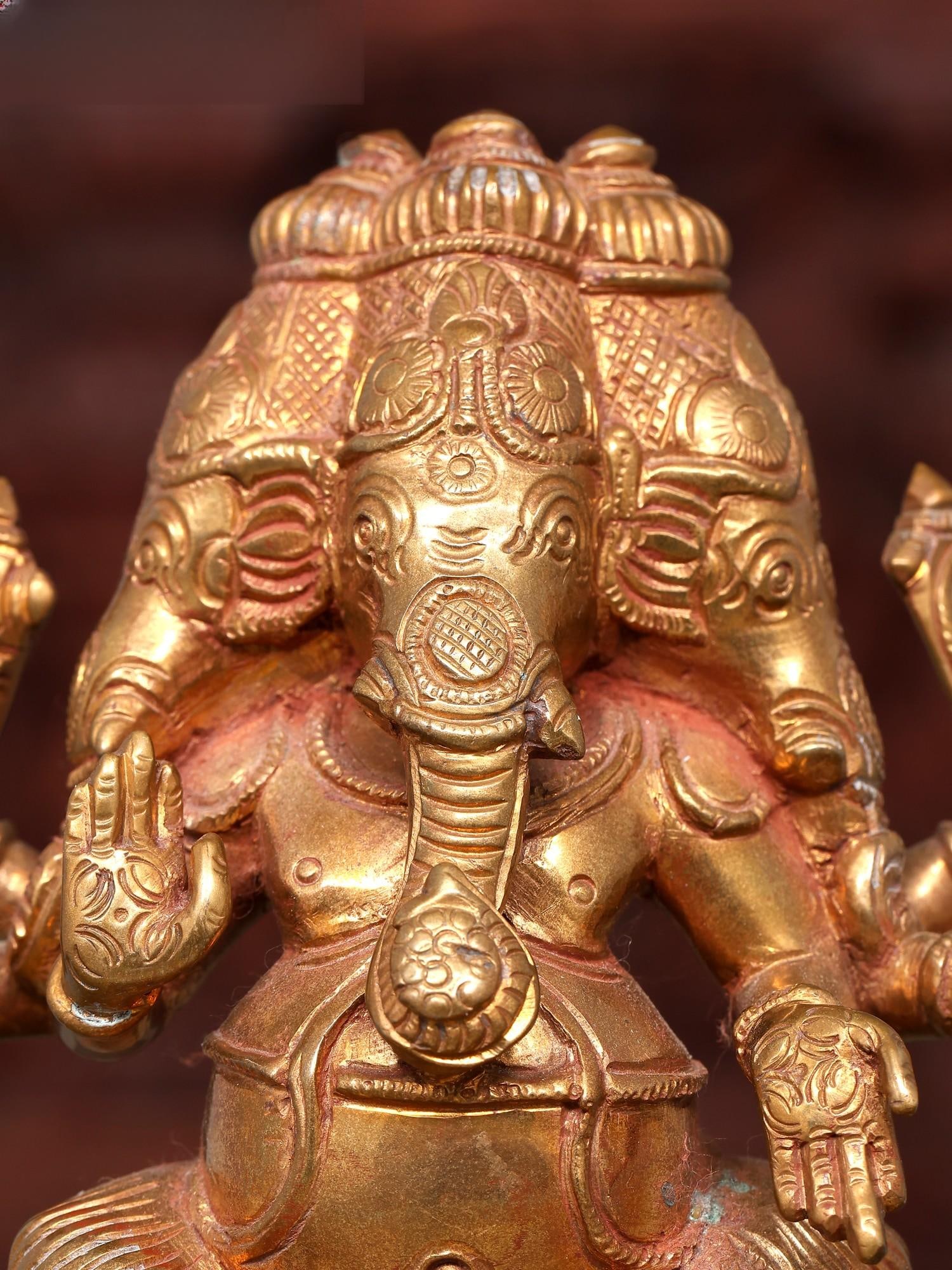 5" Small Three Headed and Six Armed Lord Ganesha | Bronze Statue - 2