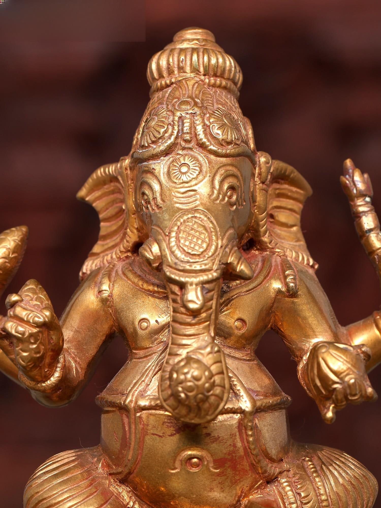 5" Small Four Armed Sitting Lord Ganesha | Bronze Statue - 2