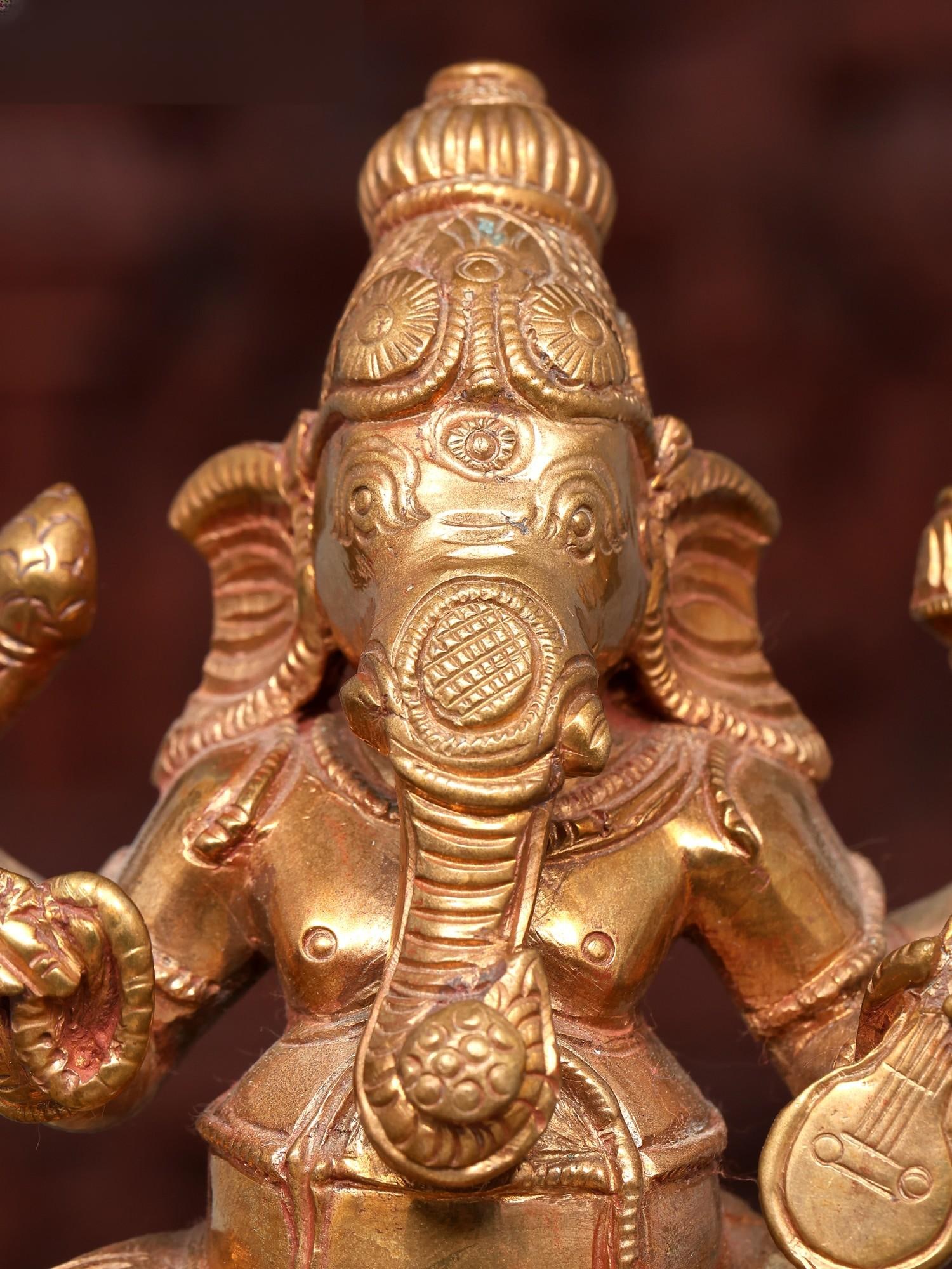 5" Small Six Hands Sitting Lord Ganesha | Bronze Statue - 2