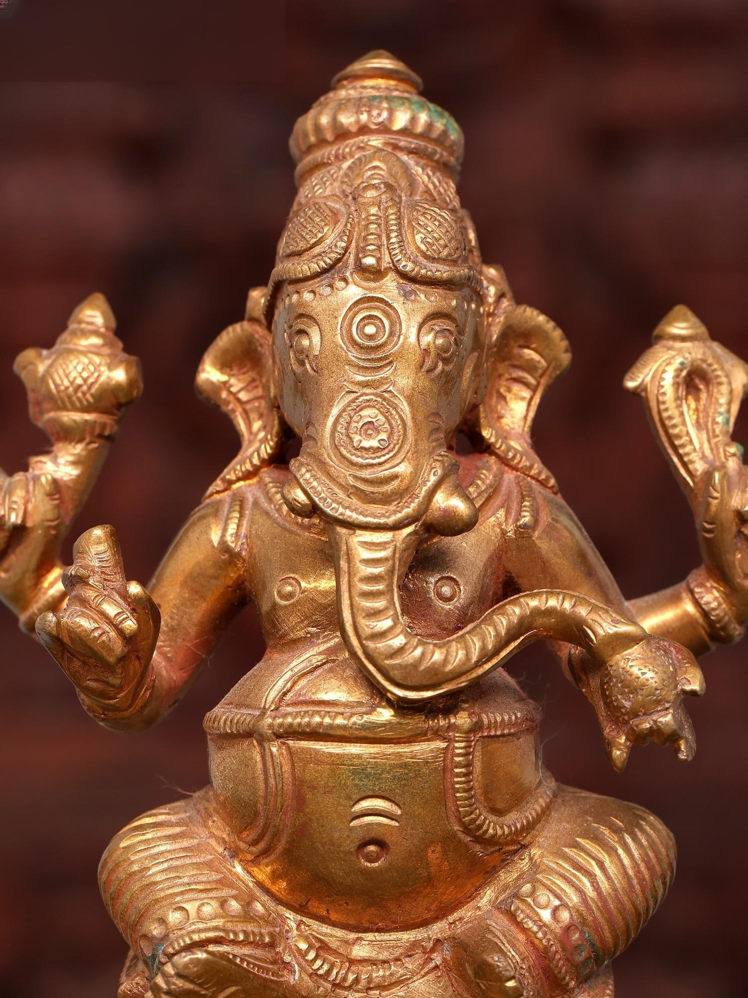 5" Small Lord Ganesha Eating Modak | Bronze Statue - 2