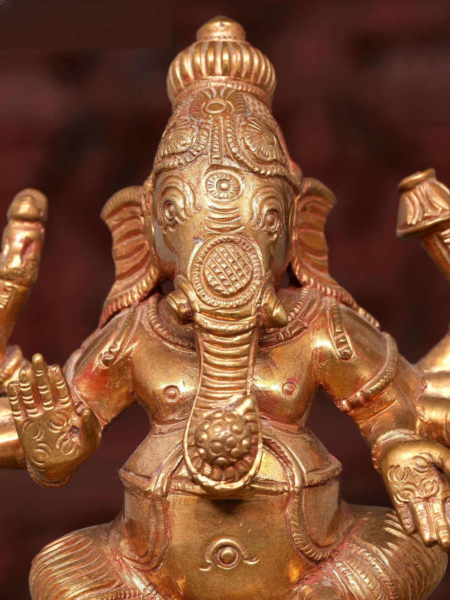 5" Small Ashtabhujadhari Bhagawan Ganesha | Bronze Statue - 2