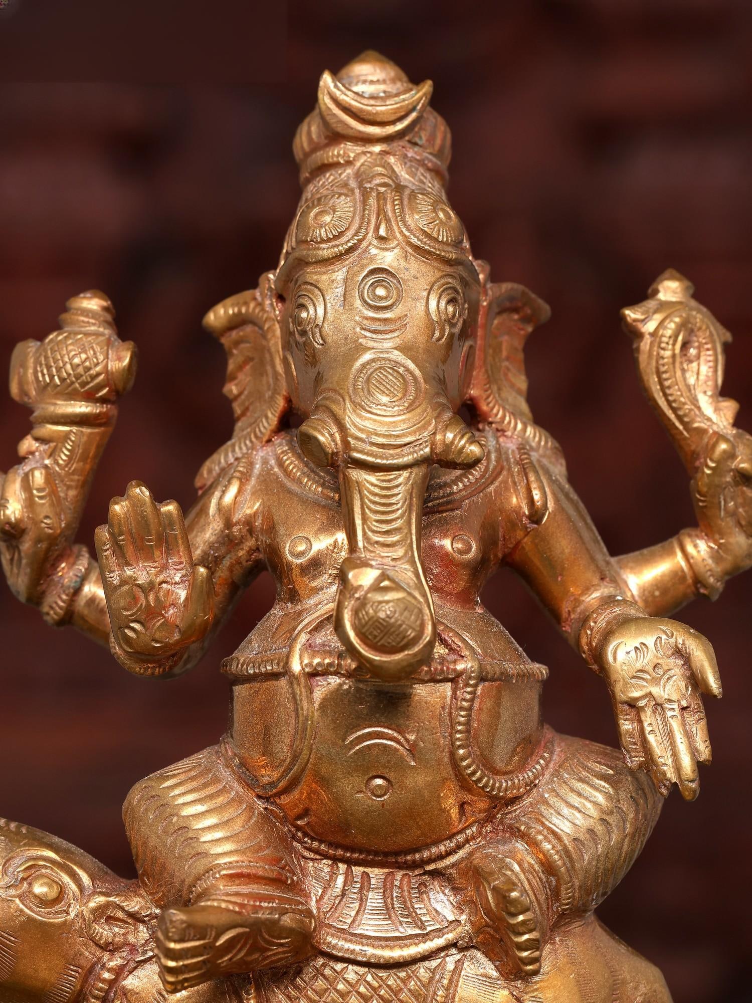 6" Small Lord Ganesha Seated on Mushak in Blessing Gesture | Bronze Statue - 2