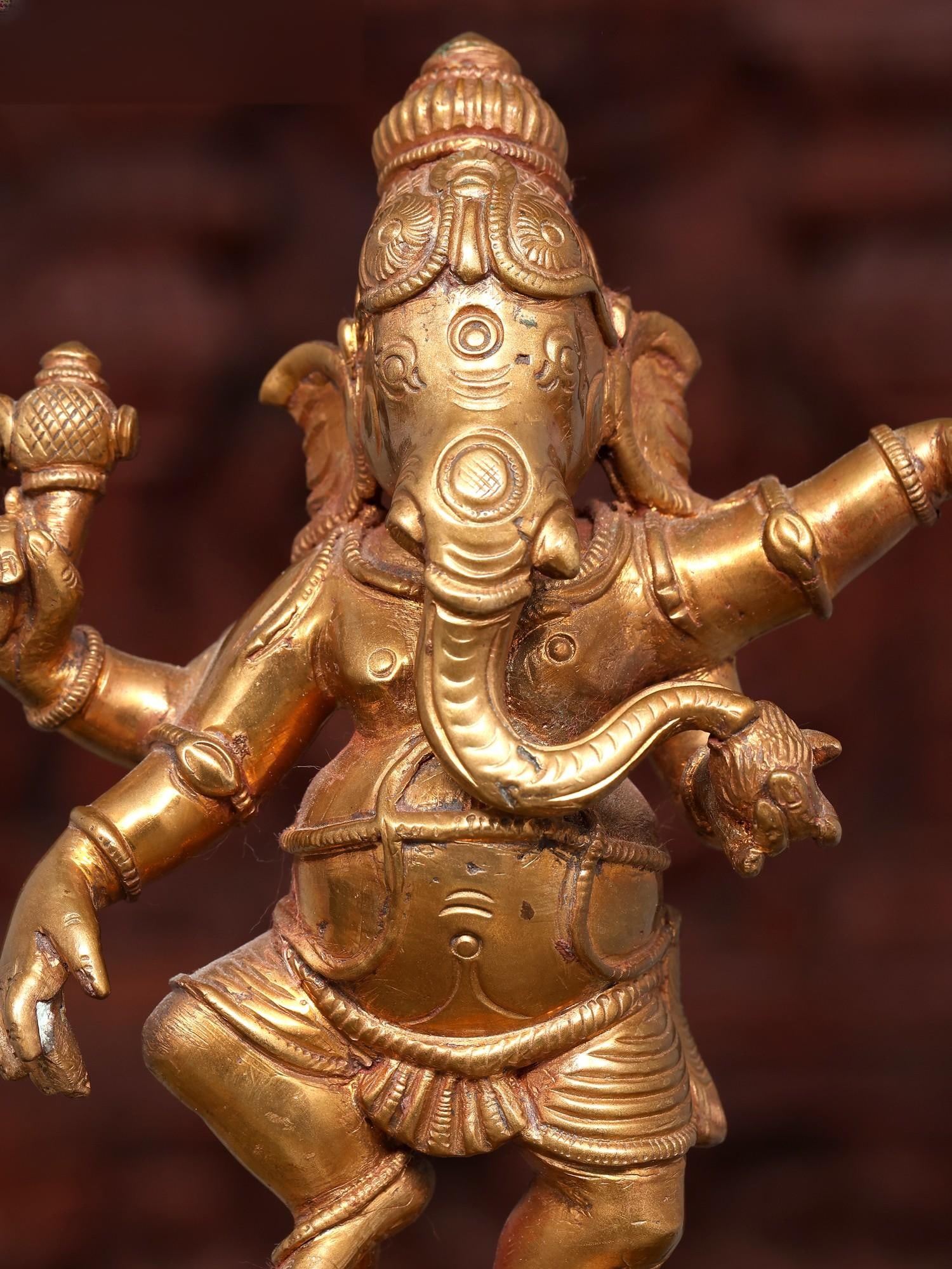 7" Small Four Armed Dancing Lord Ganesha | Auspicious Bronze Idol - 2