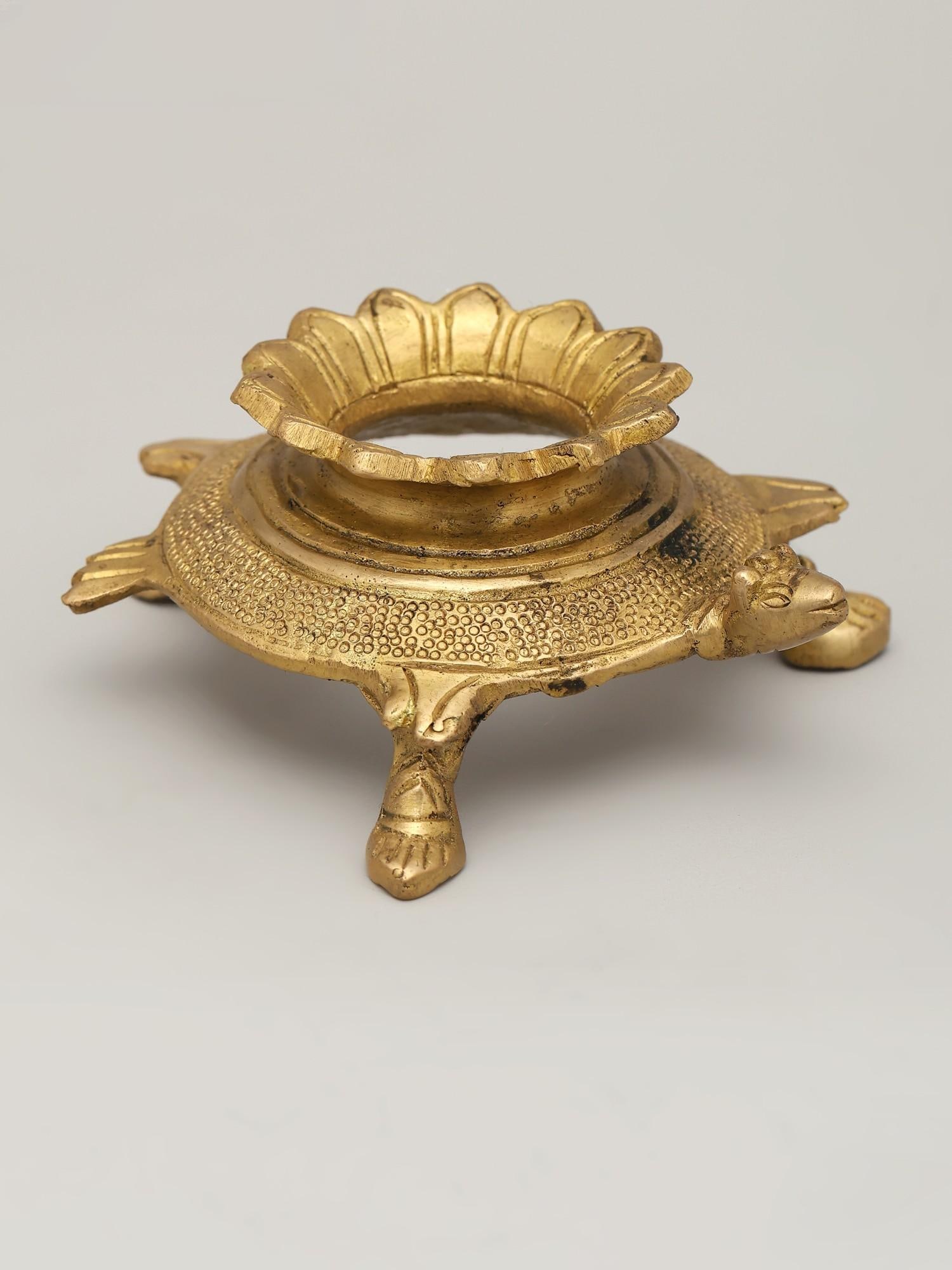 4" Small Tortoise Conch Stand with Lotus Carvings | Brass Item - 2