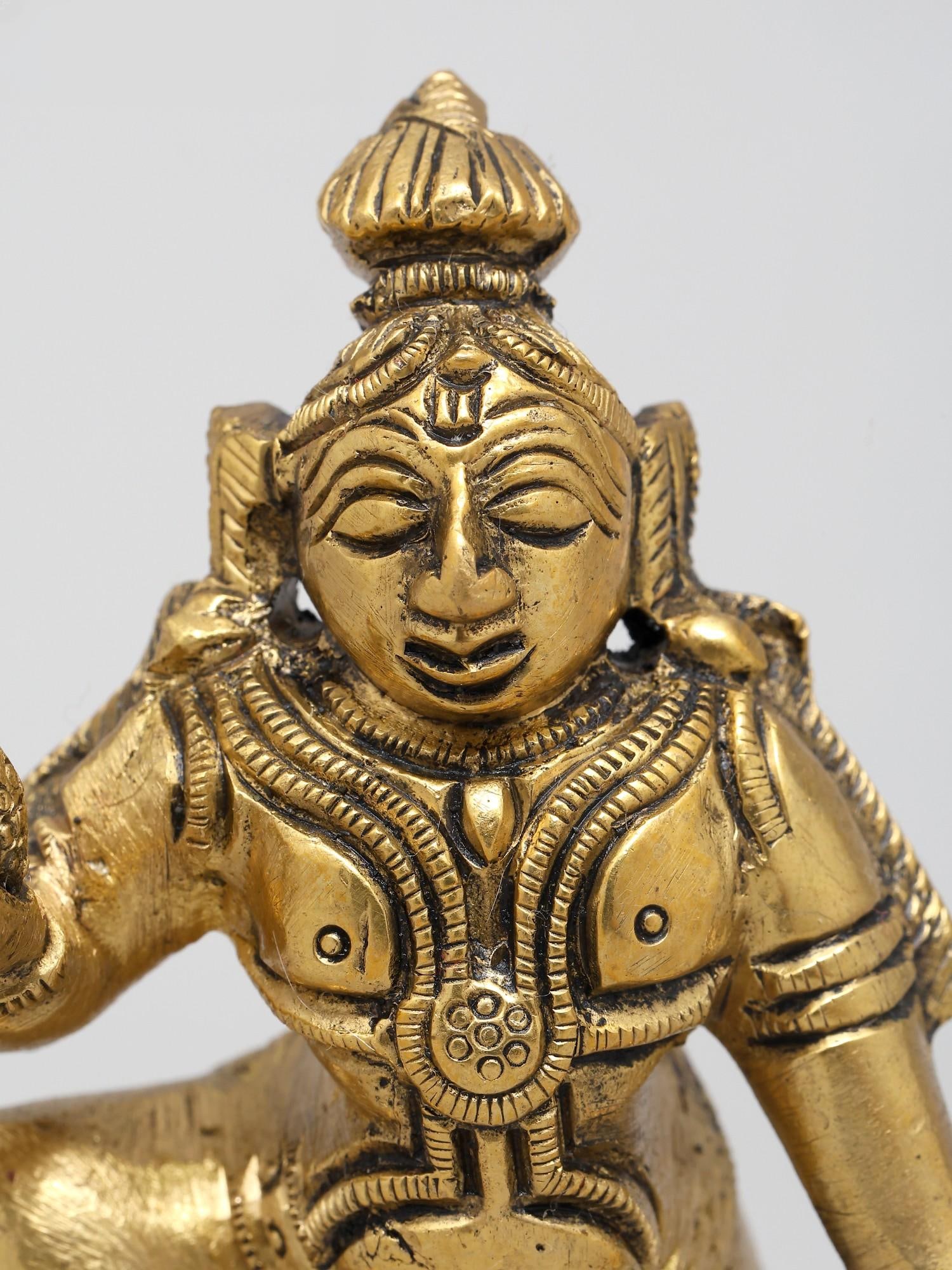2" Little Krishna Holding Laddu in Hand | Brass Sculpture - 2