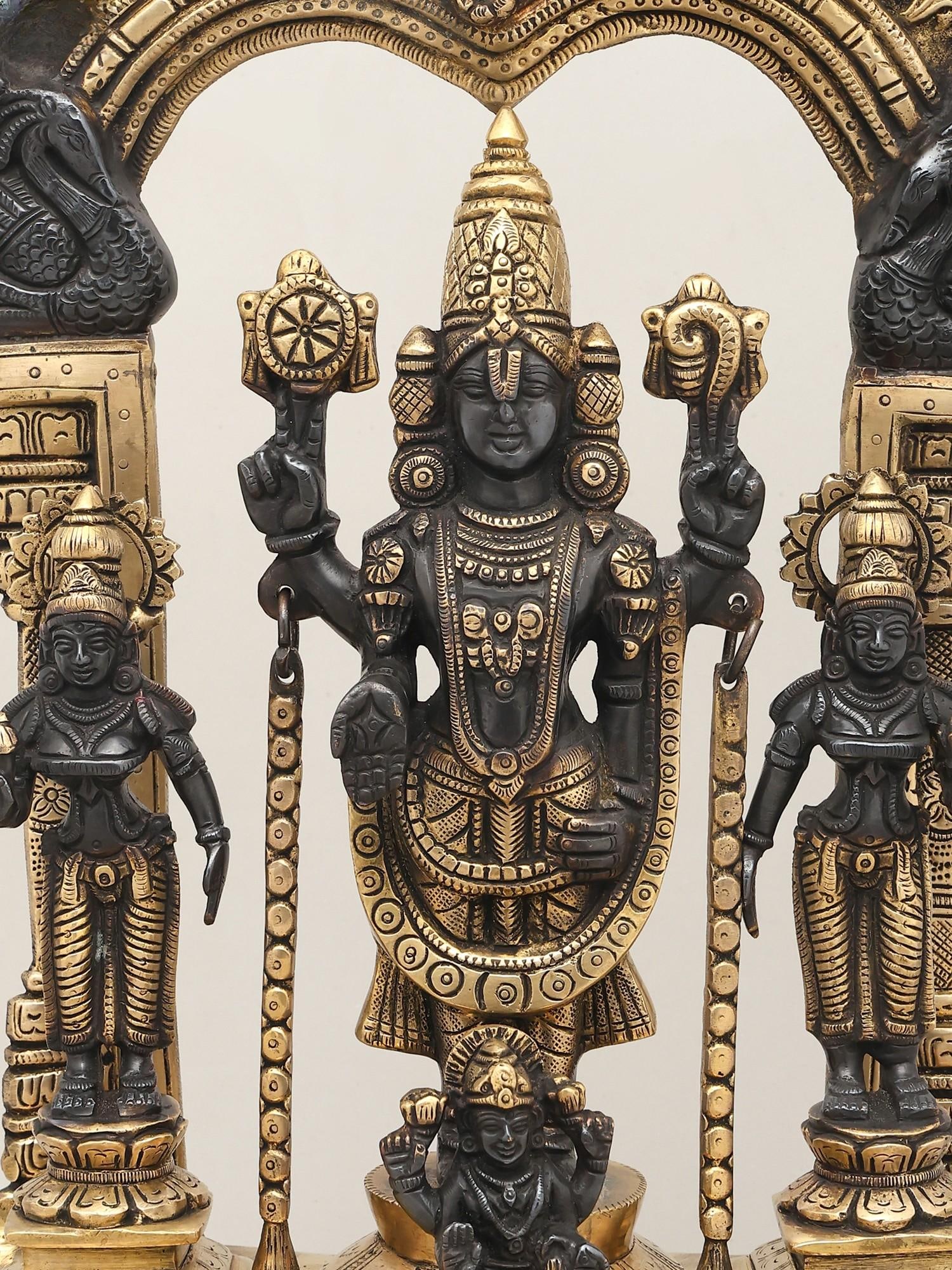 15" Tirupati Balaji with Goddess Lakshmi on Kirtimukha Throne | Brass Statue - 2