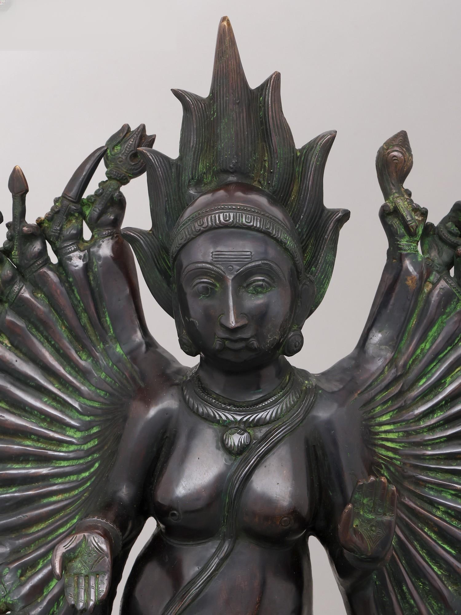 29" Eighteen Armed Goddess Mahakali Standing on Lord Shiva | Brass Statue - 2