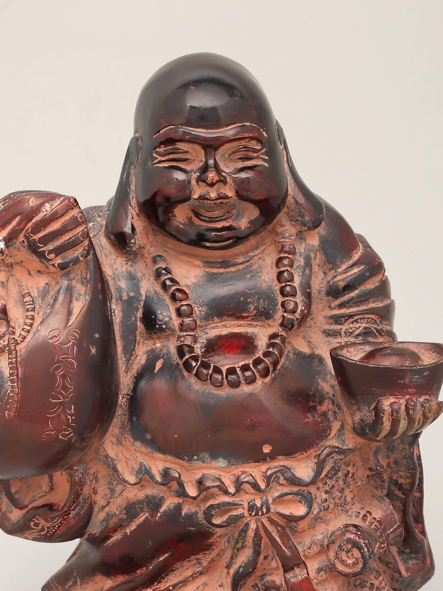 10" Laughing Buddha with Wealth Bag and Bowl - Symbol of Prosperity & Good Luck | Brass Statue - 2