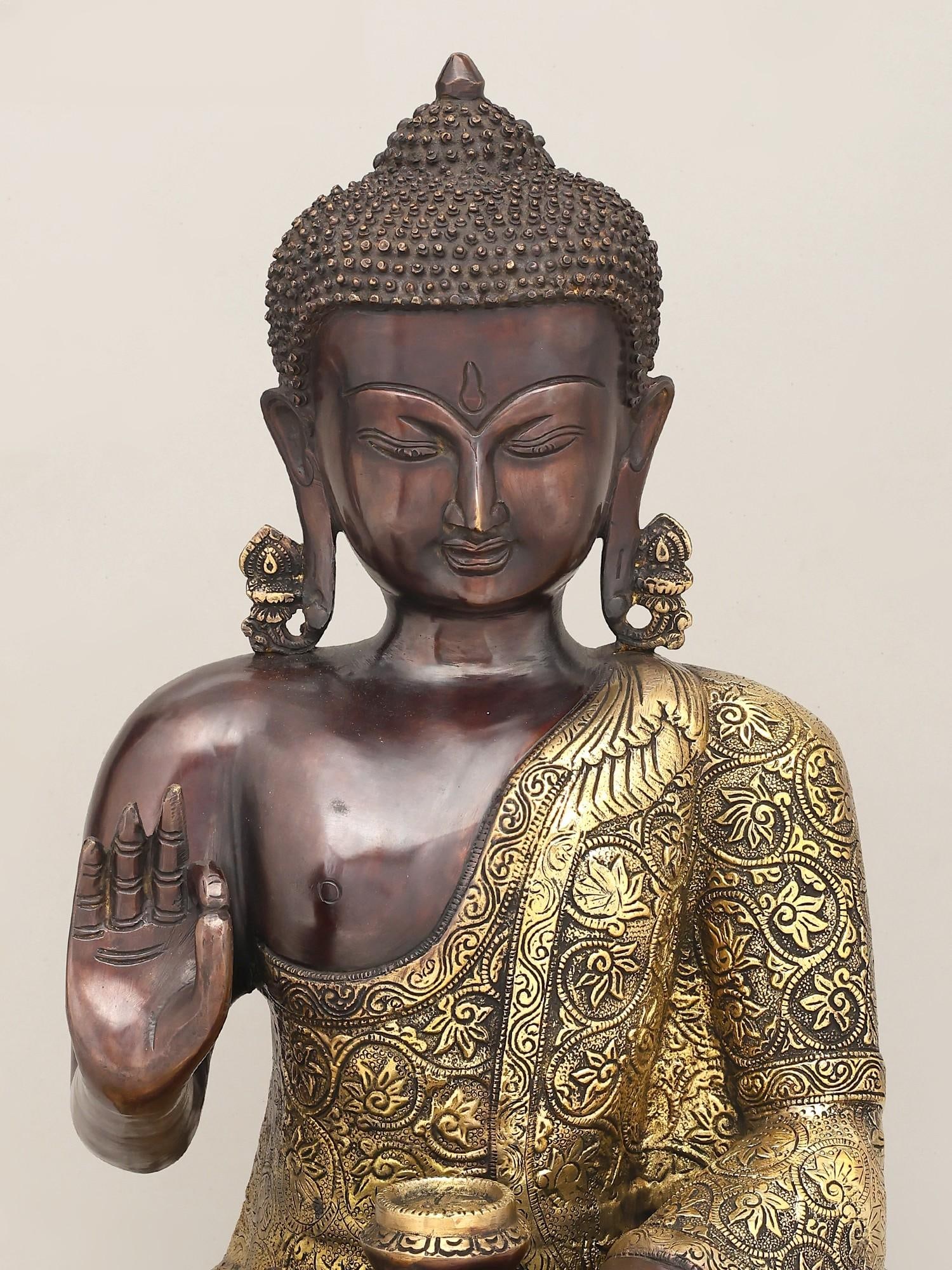 17" Lord Buddha Seated in Vitark Mudra with Floral Carving on Robe | Brass Statue - 2