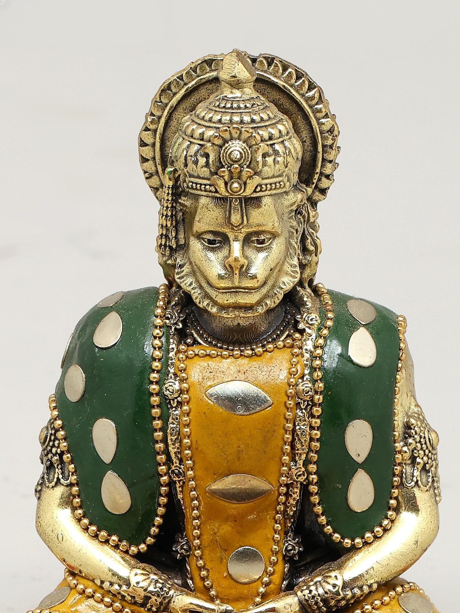 4" Small Superfine Shri Ram Bhakta Hanuman | Brass Statue with Inlay Work - 2