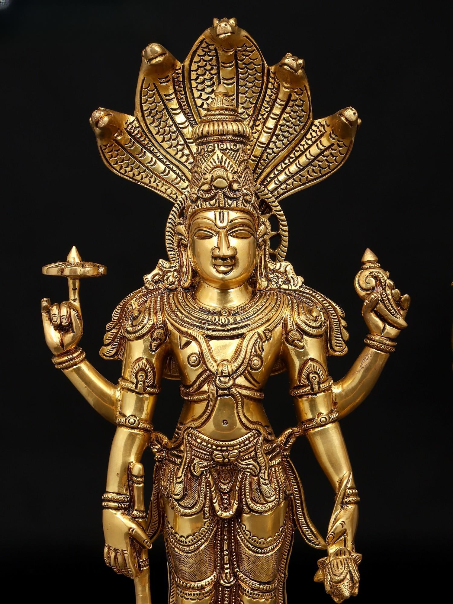 18" Four Armed Standing Lakshmi Narayan (Vishnu Lakshmi) Pair | Brass Statues - 2