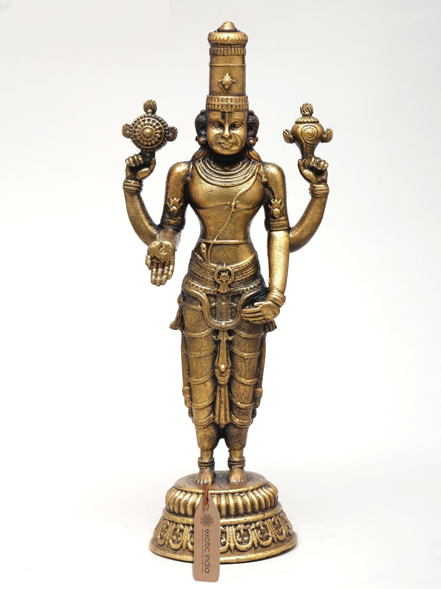 4" Small Superfine Standing Lord Vishnu with Four Arms | Ideal for Puja: Title: 4" Small Superfine Standing Lord Vishnu with Four Arms | Ideal for Puja Description: "Panchadhatu, also known as Panchaloha, is a Sanskrit term referring to a traditional five-metal alloy, prim