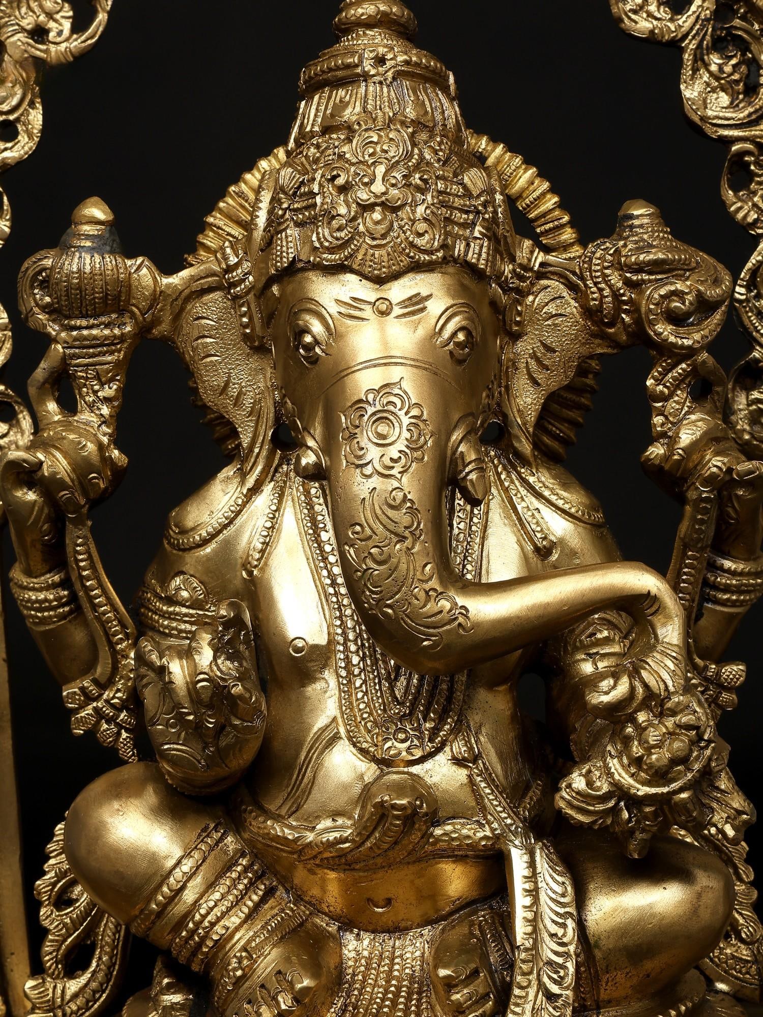 17" Chaturbhuja Lord Ganesha Seated on Kirtimukha Throne | Hoysala Bronze Statue - 2