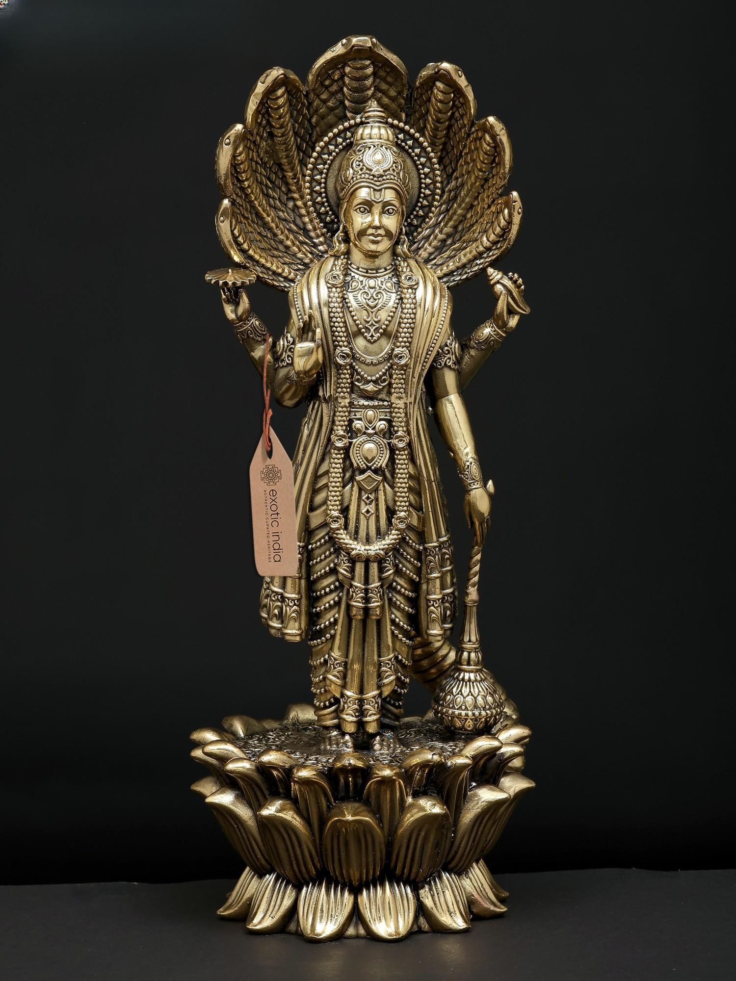11" Superfine Standing Four Armed Shri Hari Vishnu with Protected Sheshnag | Brass Statue: Title: 11" Superfine Standing Four Armed Shri Hari Vishnu with Protected Sheshnag | Brass Statue Description: 11" Superfine Standing Four Armed Shri Hari Vishnu with Protected Sheshnag | Brass Statue 
