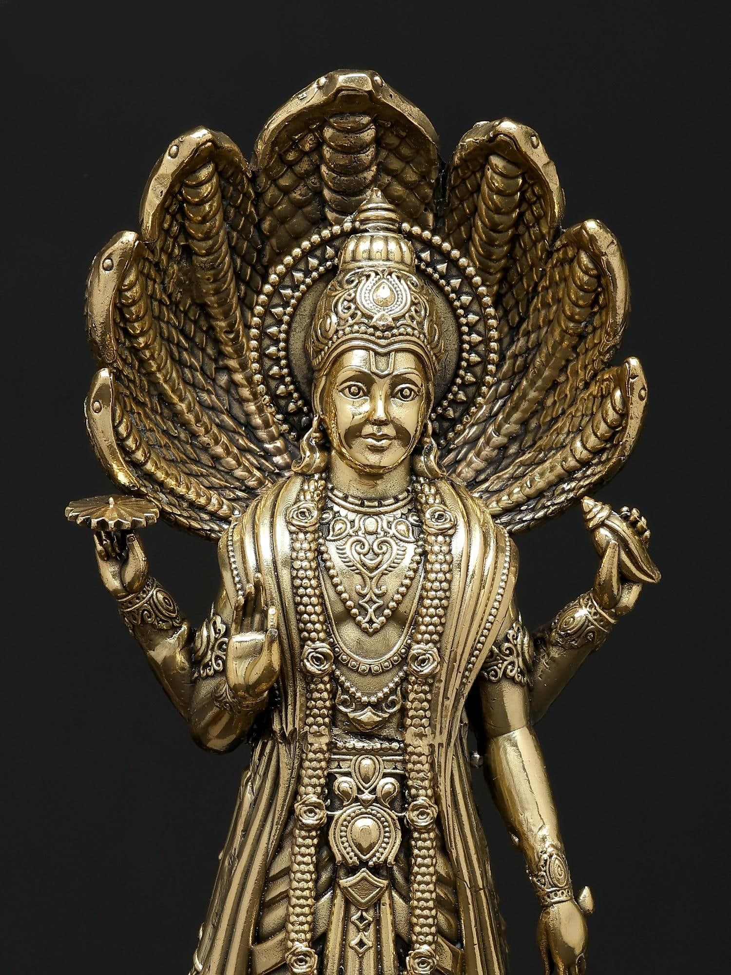 11" Superfine Standing Four Armed Shri Hari Vishnu with Protected Sheshnag | Brass Statue - 2