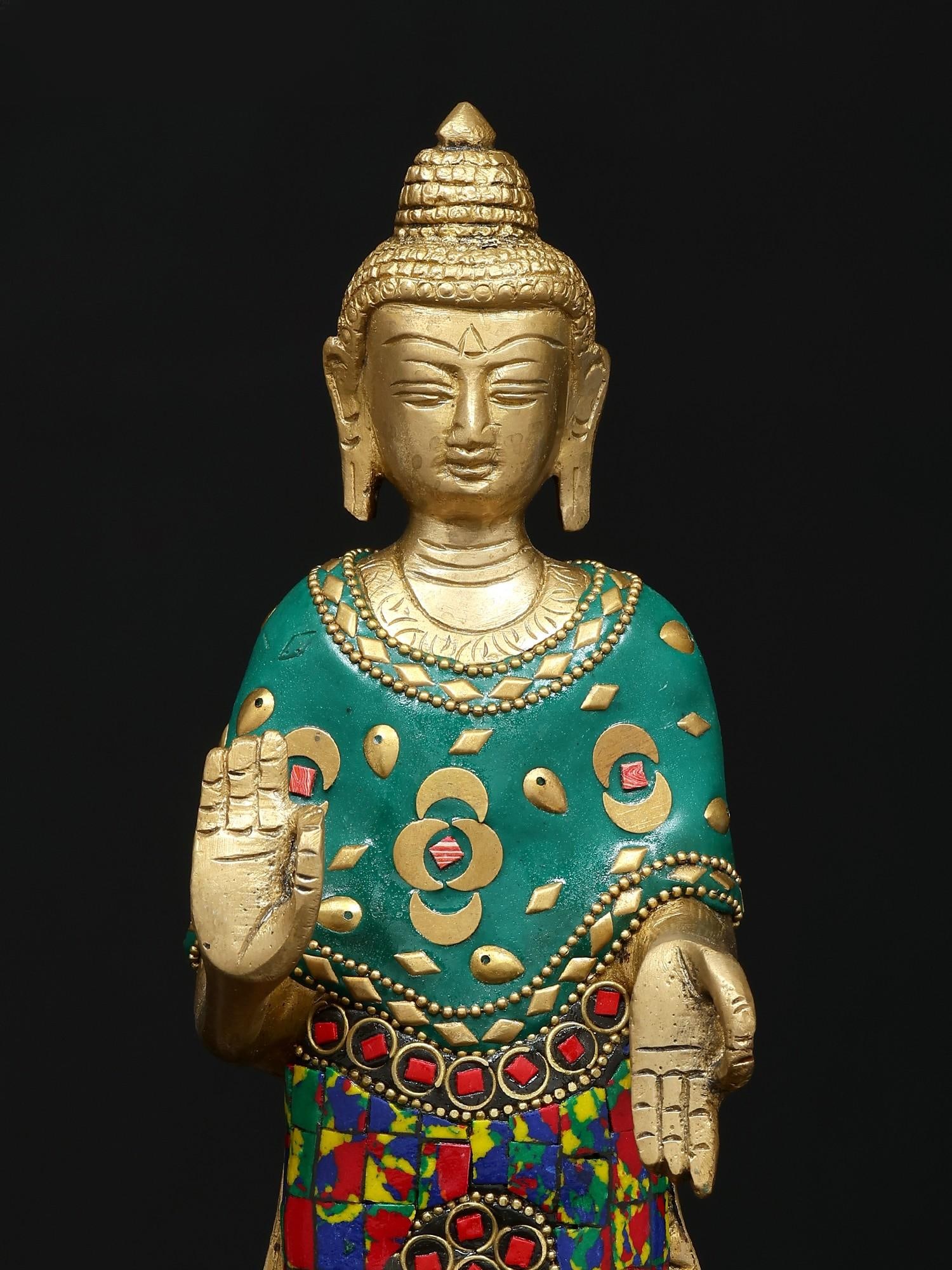 11" Standing Lord Buddha in Abhaya and Varada Mudra | Brass Statue with Inlay Work - 2