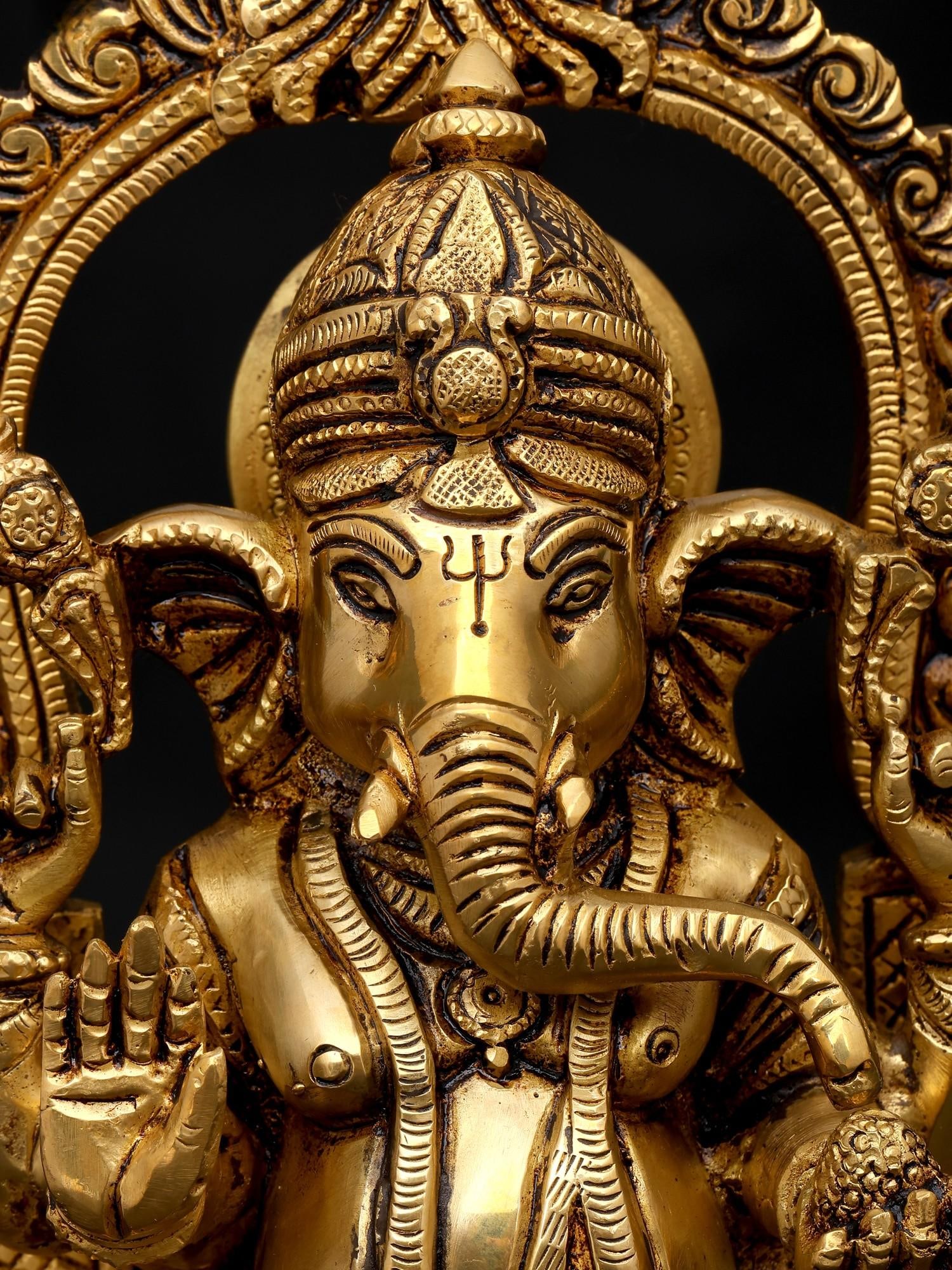10" Four Armed Blessing Lord Ganesha Seated on Kirtimukha Throne | Brass Statue - 2