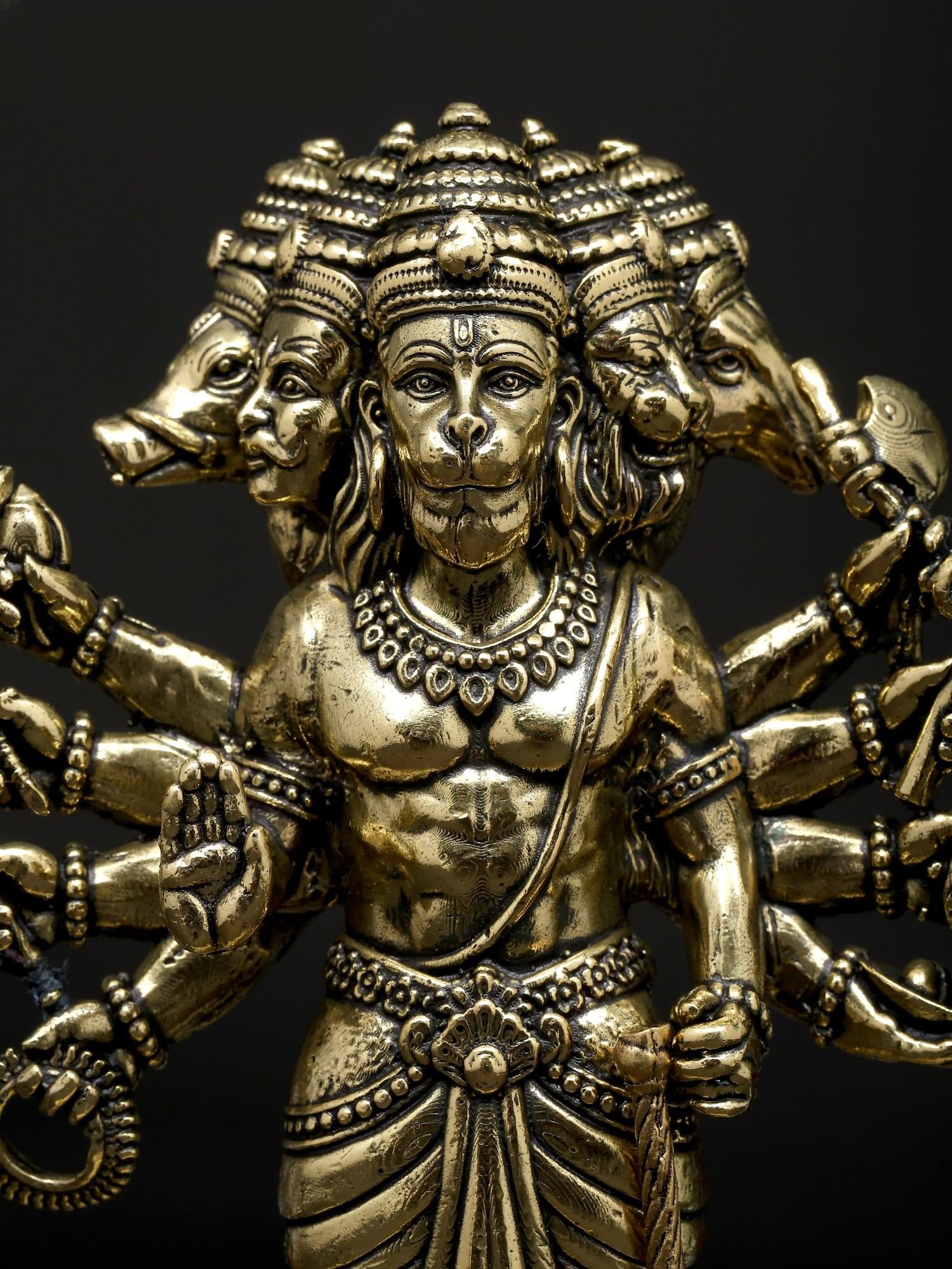 5" Small Superfine Ten Armed Panchamukhi Lord Hanuman | Brass Statue - 2