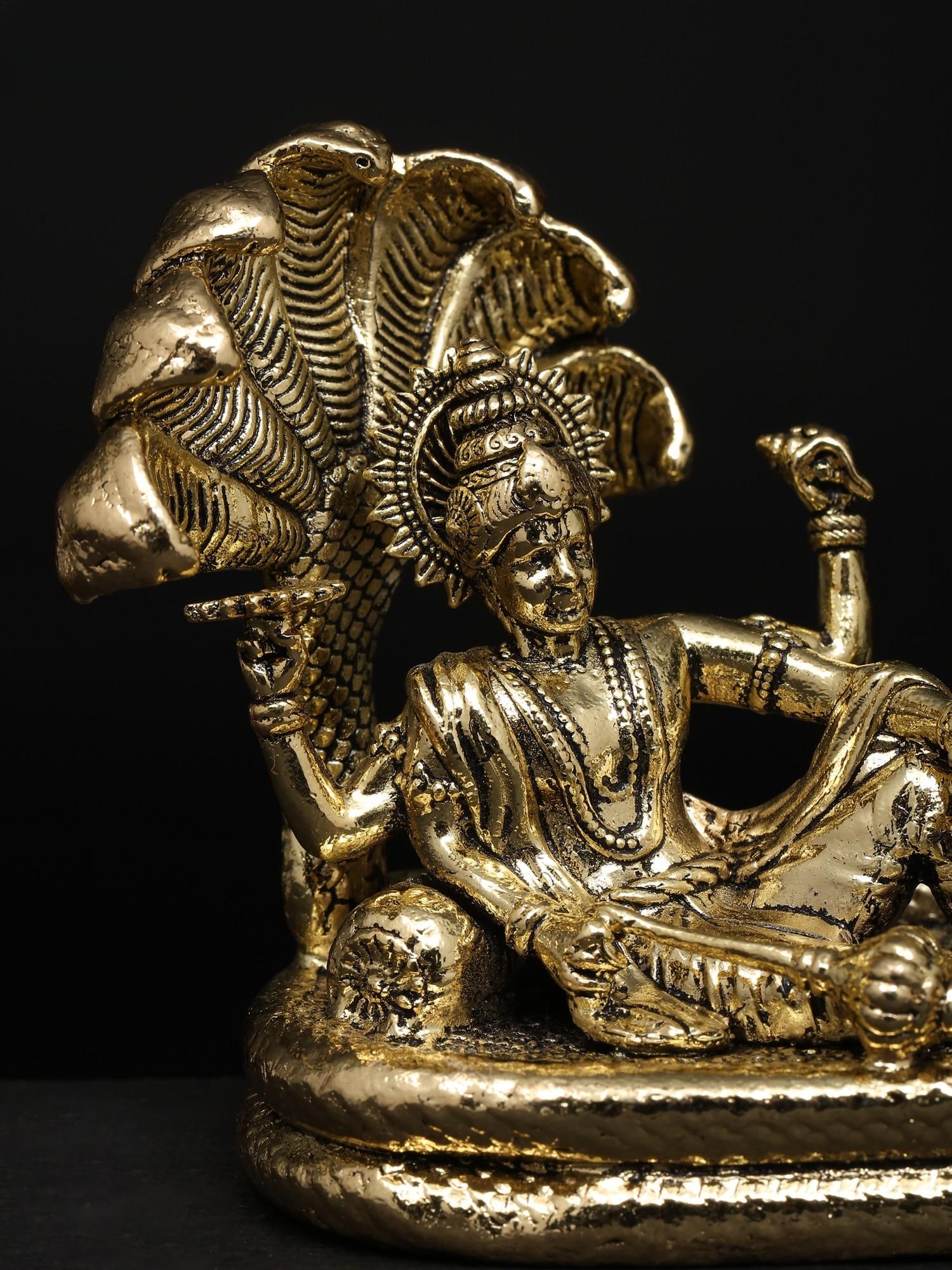 3" Small Superfine Sheshashayi Lord Vishnu with Goddess Lakshmi | Brass Statue - 2