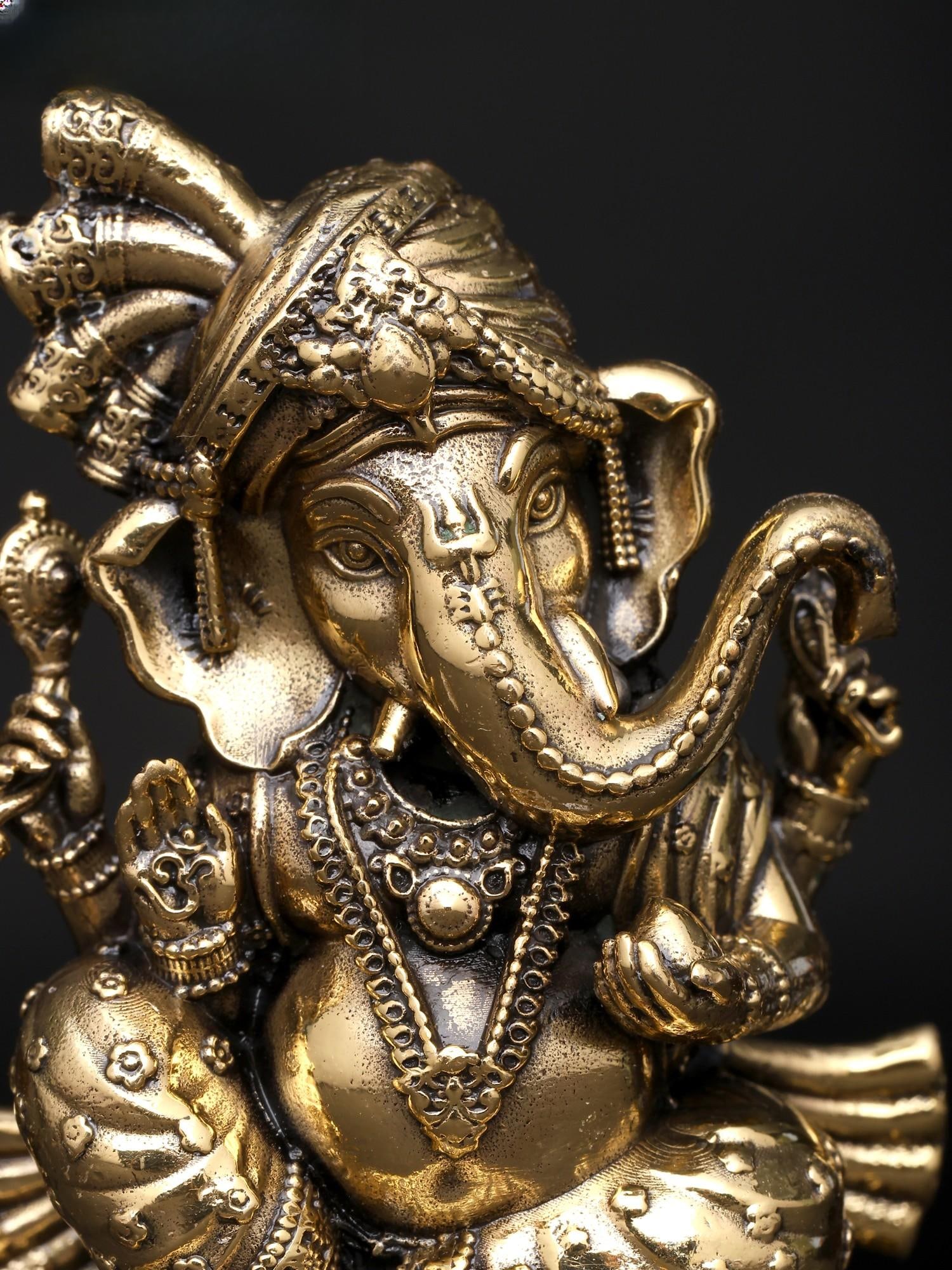 2" Small Superfine Turbaned Lord Ganesha in Blessing Gesture | Brass Statue - 2