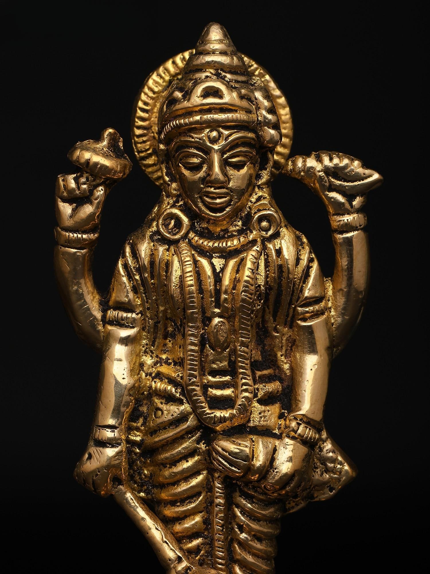 4" Small Divine Form of Lord Vishnu with Conch, Chakra, Mace and Lotus | Brass Statue - 2