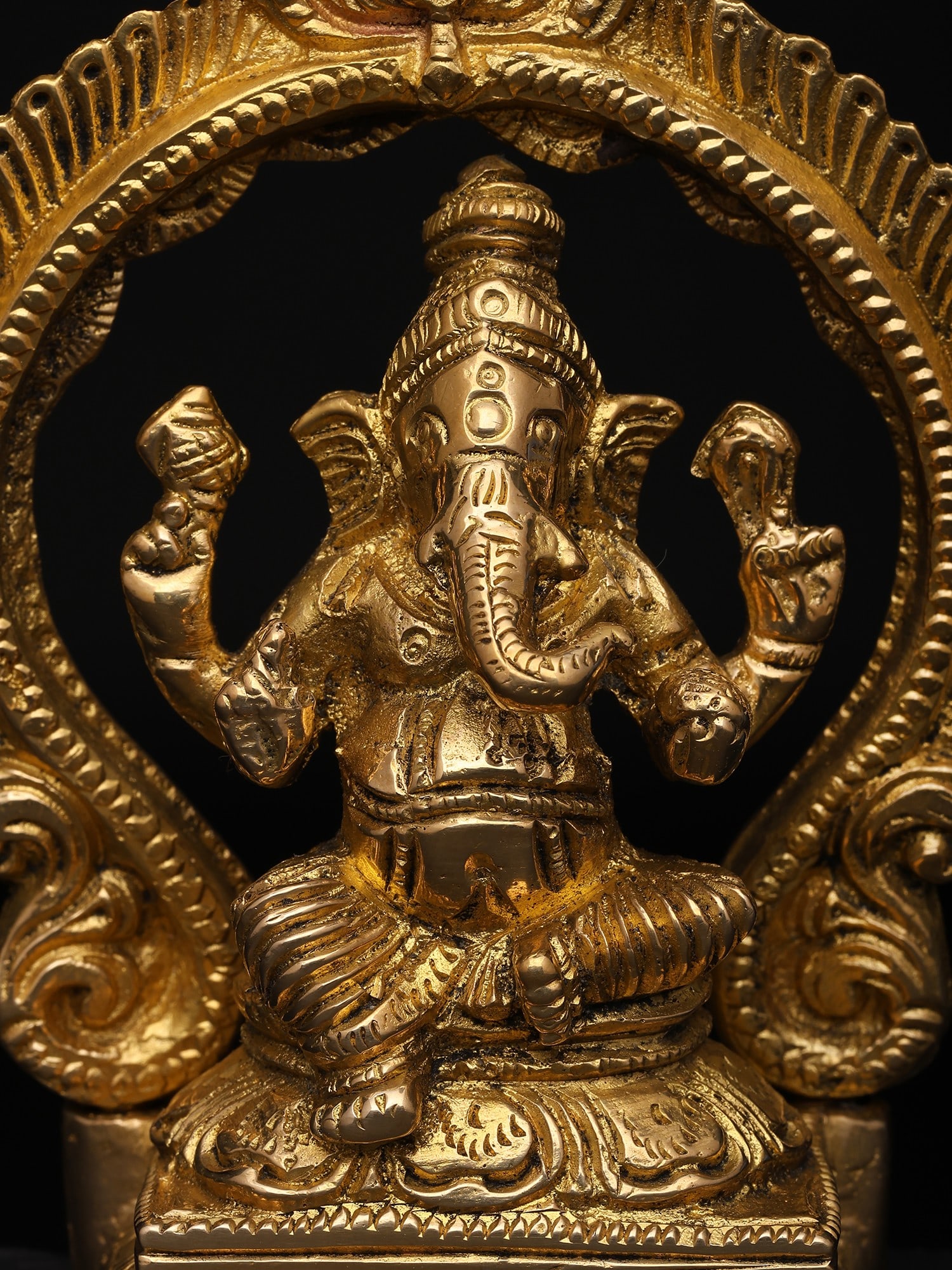 4" Small Lord Ganesha Seated Under The Temple Arch | Brass Statue - 2