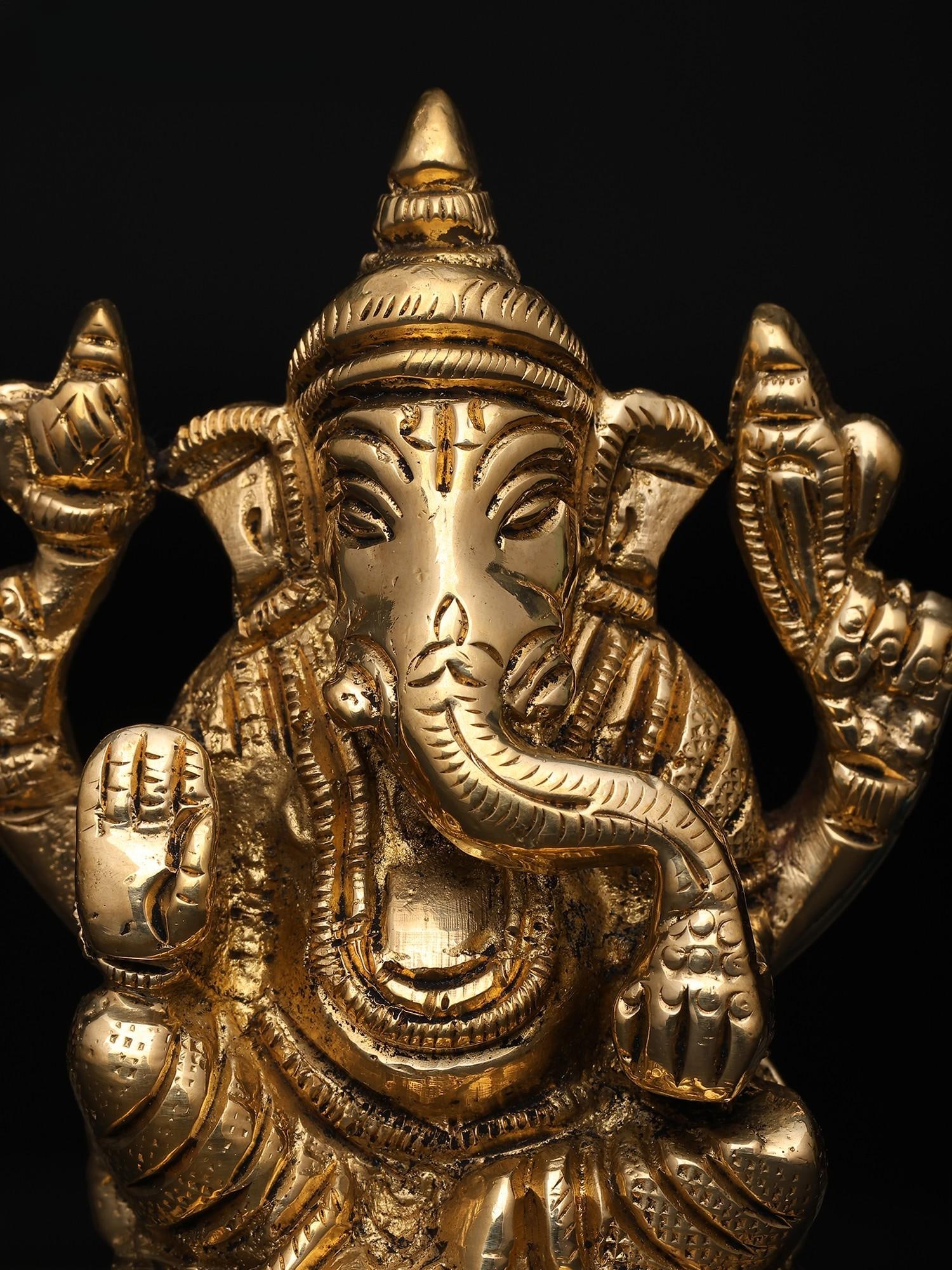 3" Small Lord Ganesha Seated on Mushak - The Divine Four-Armed Form | Brass Sculpture - 2