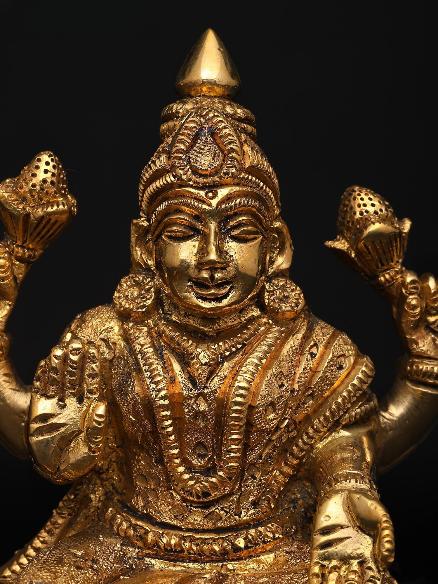5" Small Goddess Lakshmi Seated in Blessing Gesture with Four Arms | Brass Statue - 2