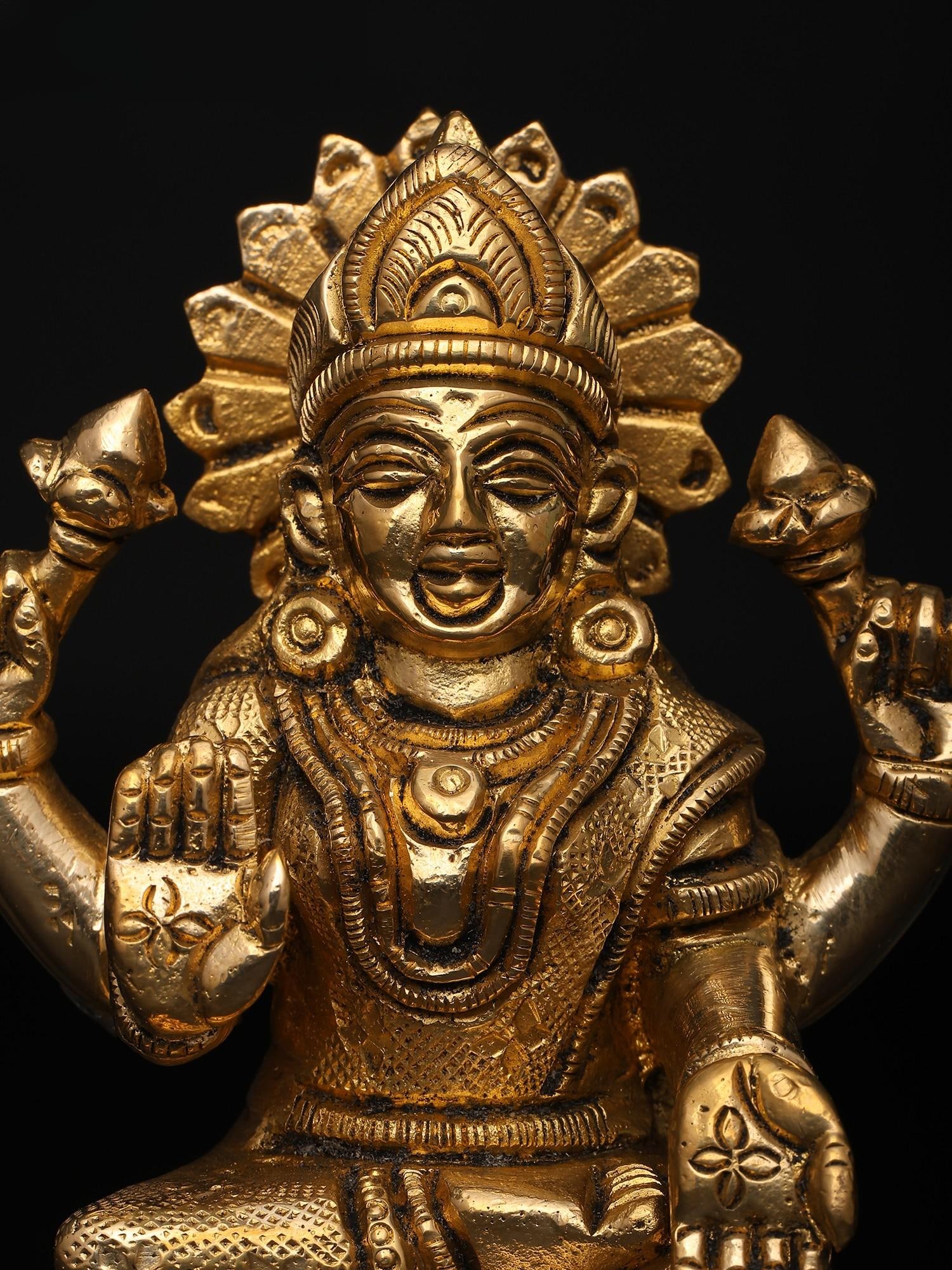 4" Small Four Armed Goddess Lakshmi Seated on Pedestal | Brass Idol - 2