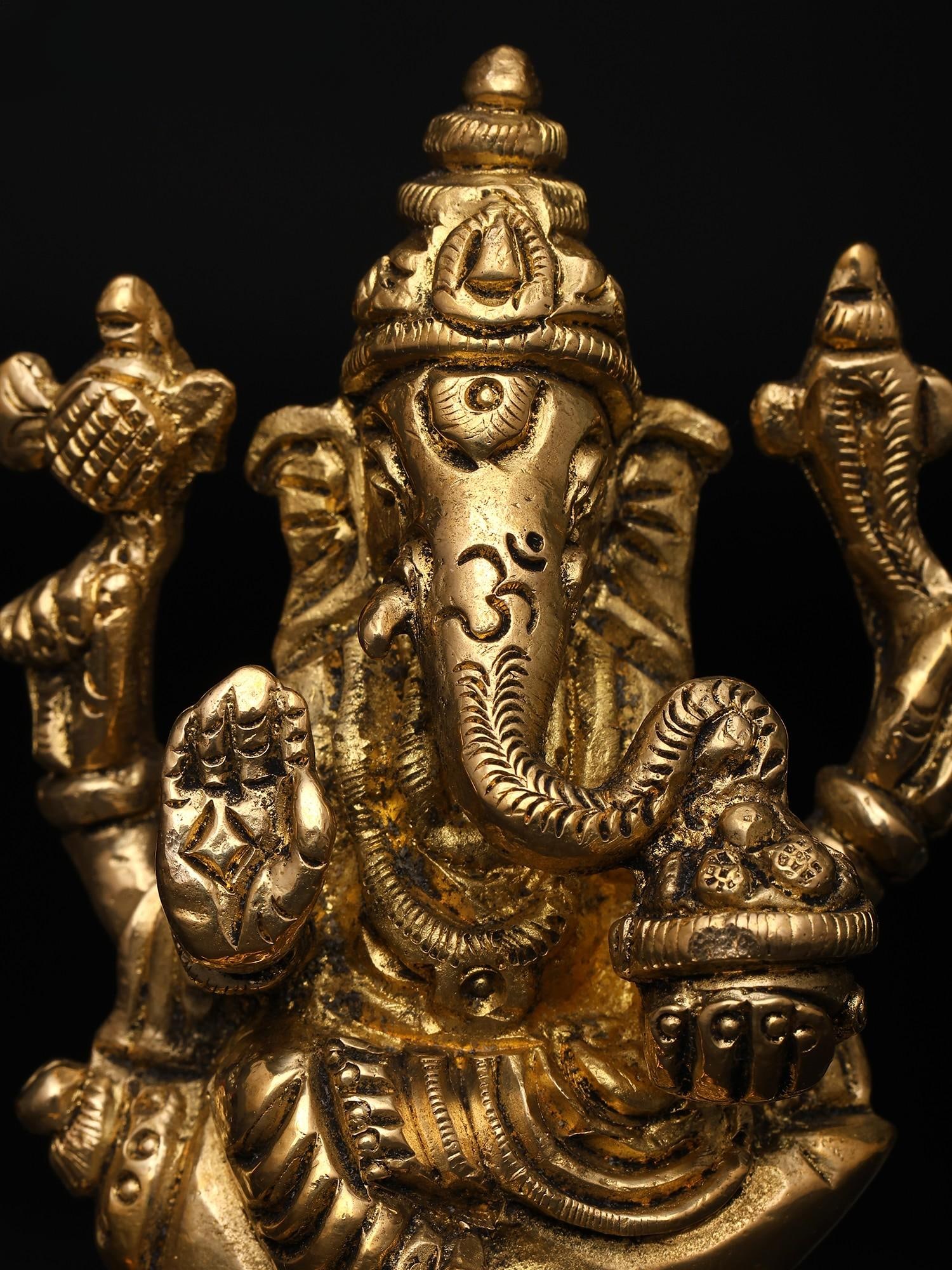 3" Small Chaturbhuja Ganesha Seated on Conch | Brass Sculpture - 2