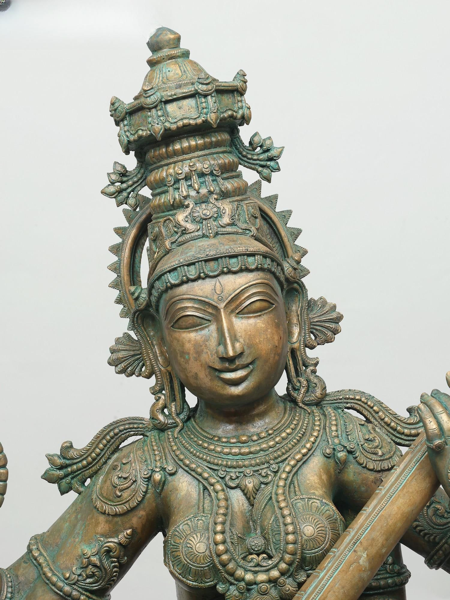 41" Large Four Armed Goddess Saraswati Seated on Lotus and Playing Veena | Madhuchista Vidhana - 2