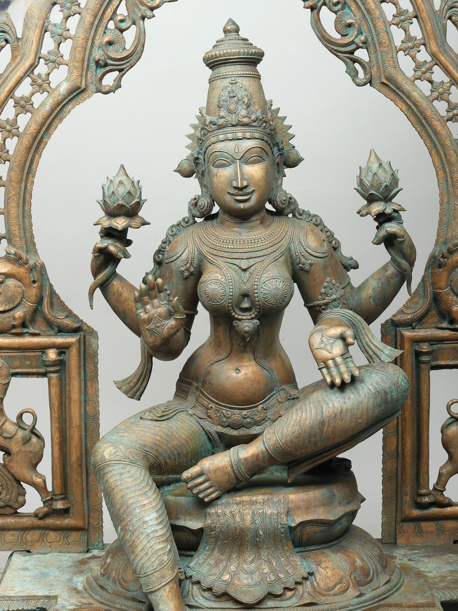 51" Large Four Armed Blessing Goddess Lakshmi Seated on Kirtimukha Throne in Lalitasana | - 2