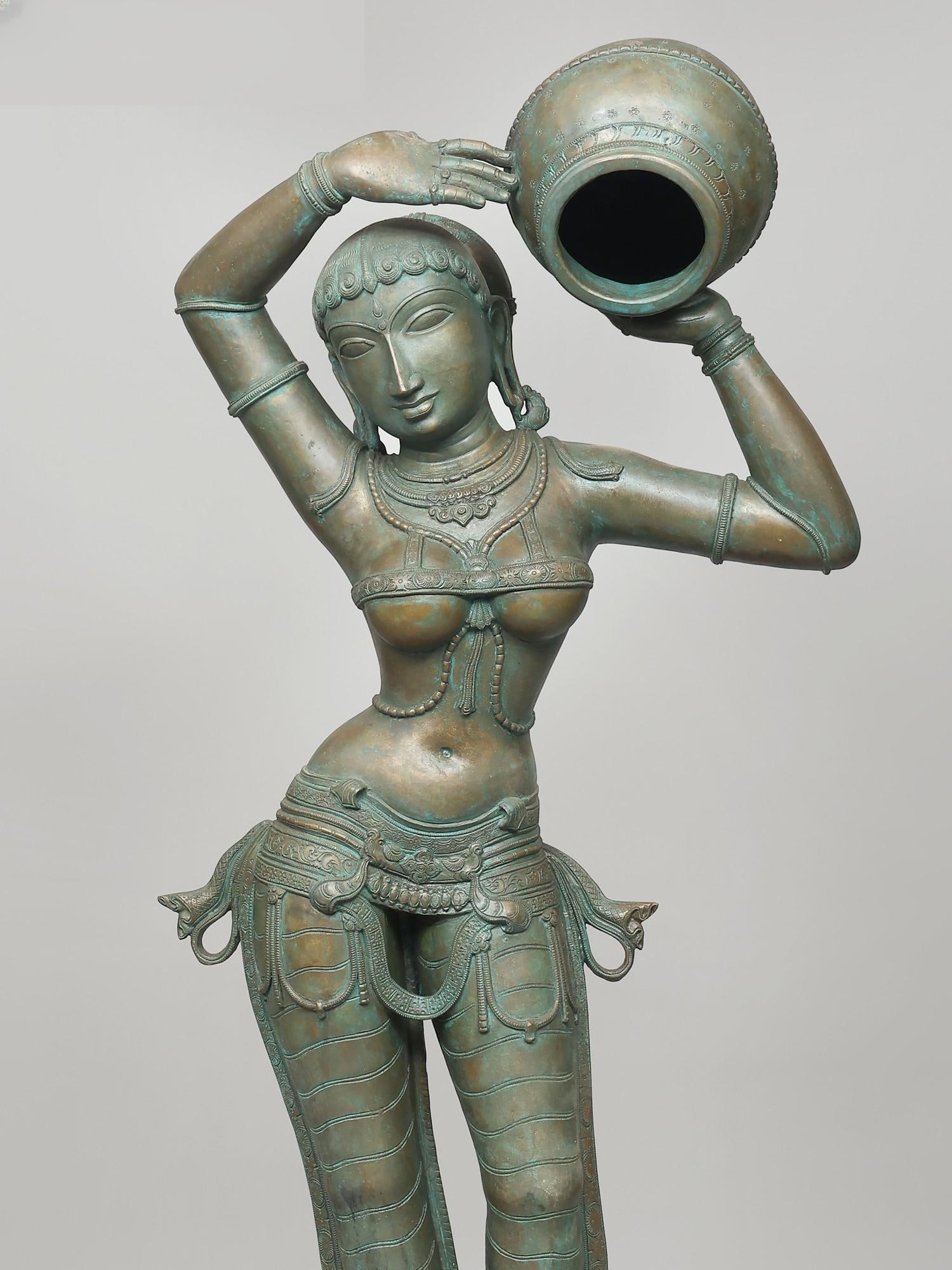 54" Large Apsara Carrying Water Pot | Madhuchista Vidhana (Lost-Wax) | Panchaloha Bronze from - 2