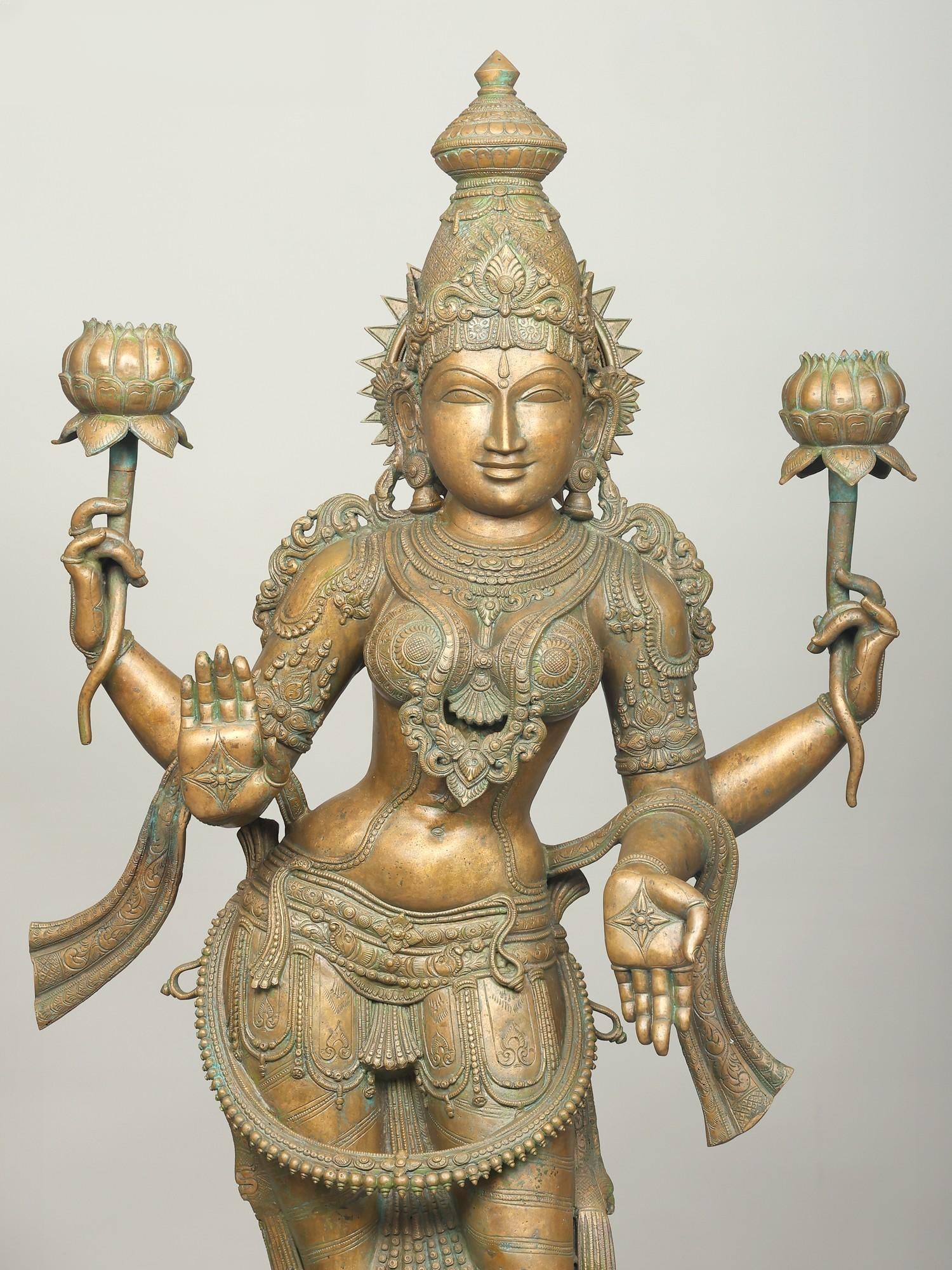 66" Huge Four Armed Bronze Standing Goddess Lakshmi in Blessing Gesture - 2