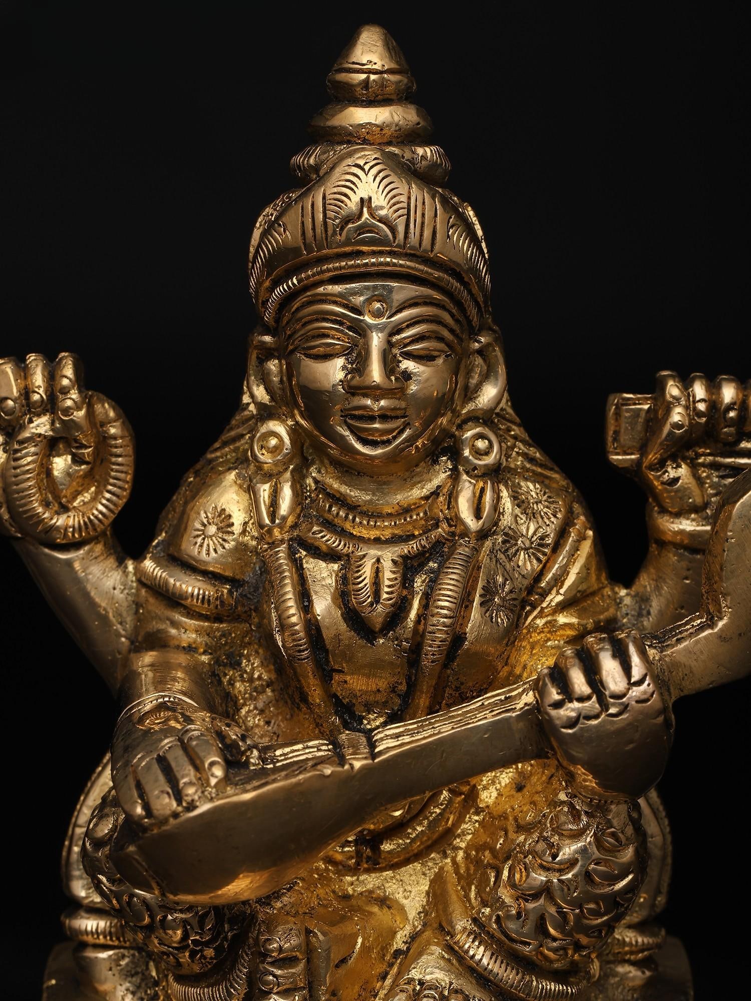 4" Small Goddess Saraswati - The Divine Source of Wisdom and Music | Brass Idol - 2