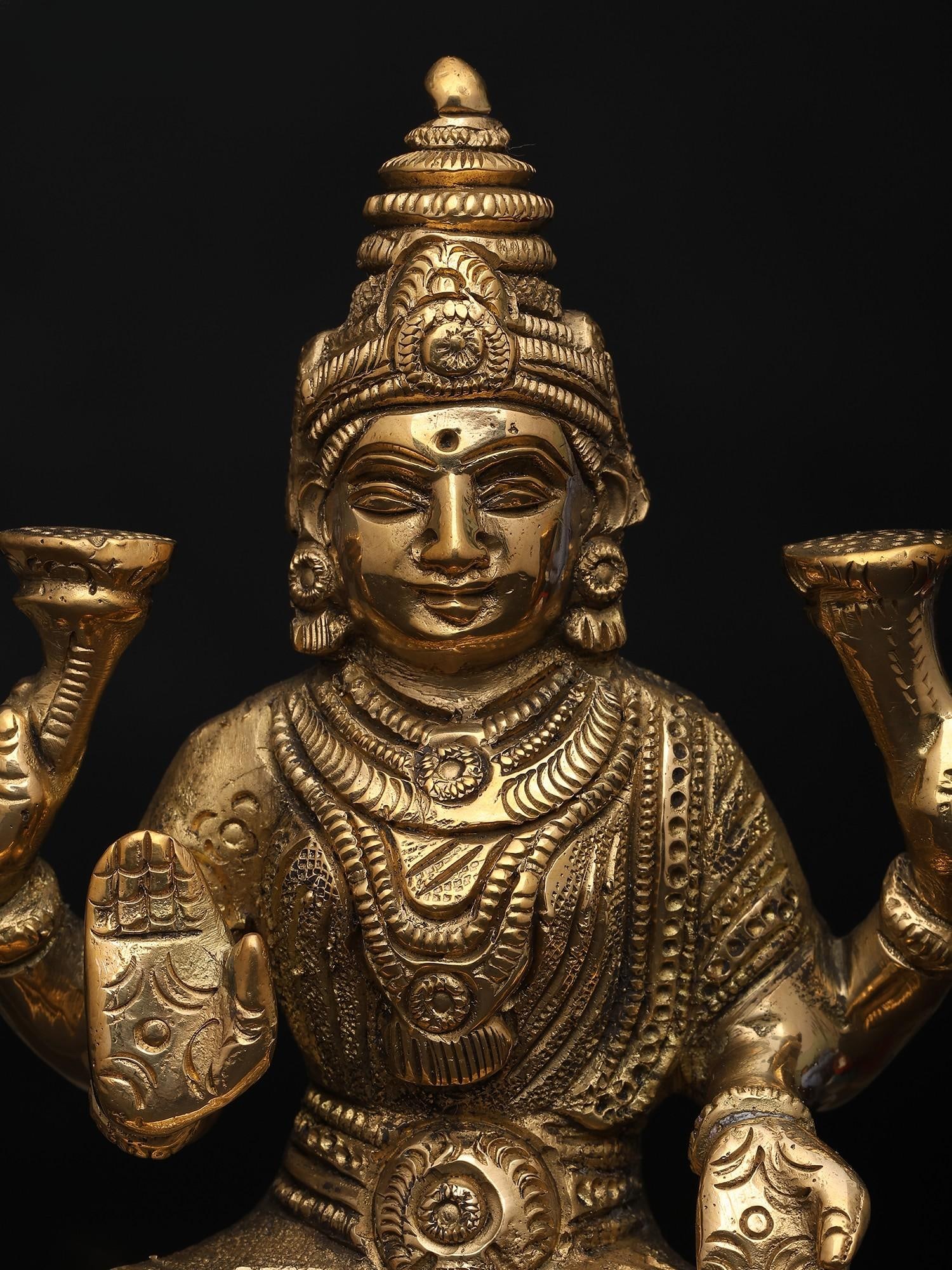 5" Small Goddess Lakshmi with Four Arms | Brass Sculpture - 2