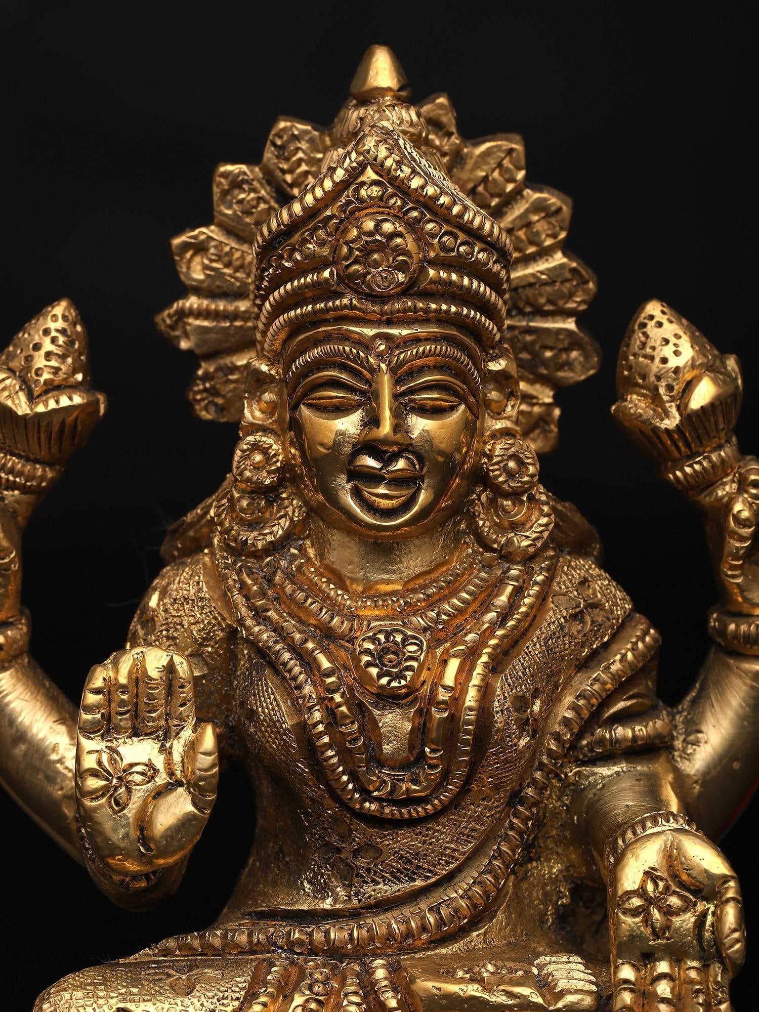 4" Small Goddess Lakshmi - Symbol of Wealth | Brass Idol - 2