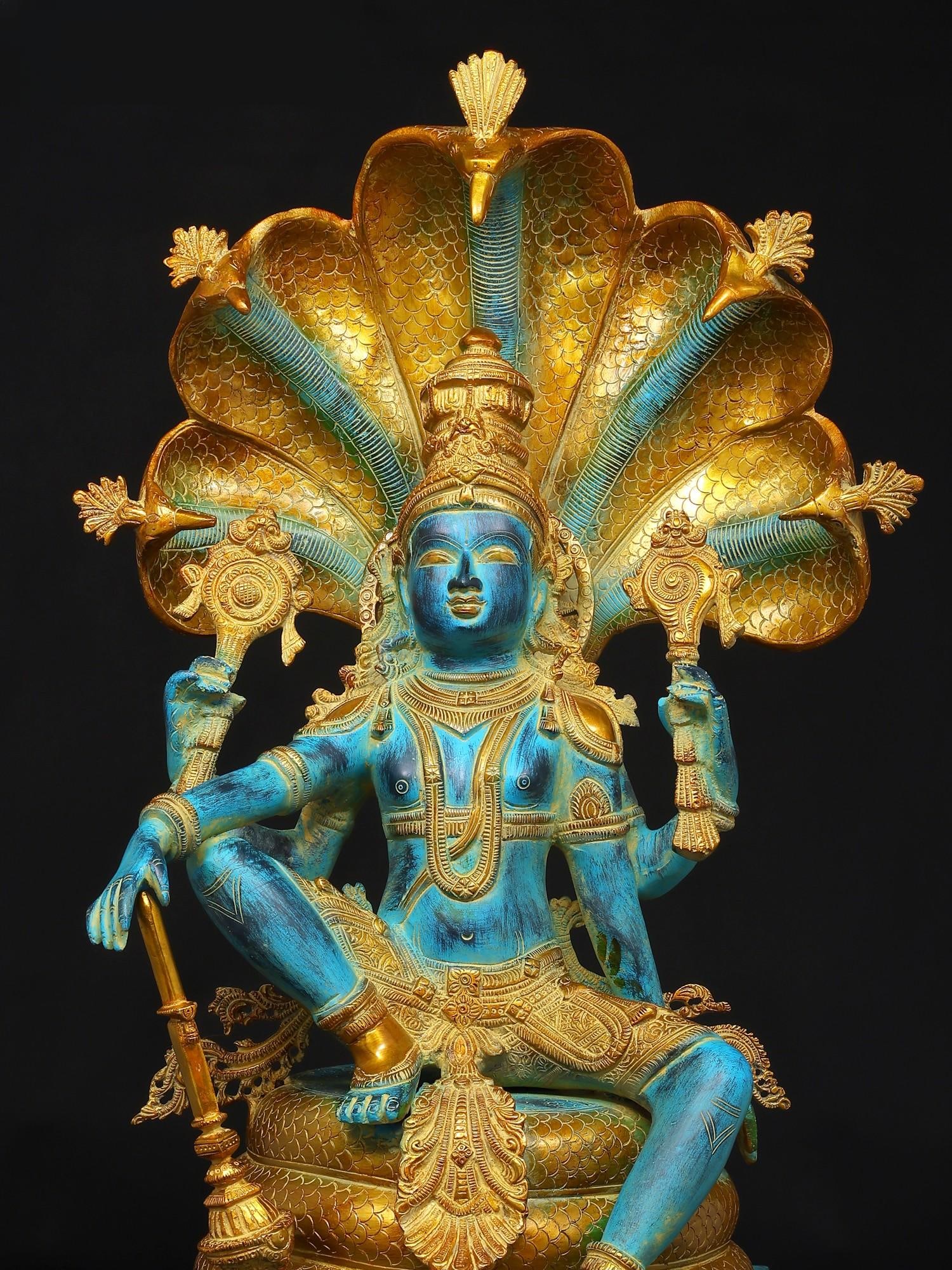 28" Blue and Gold Four Armed Lord Vishnu Seated on Sheshnag | Brass Statue - 2