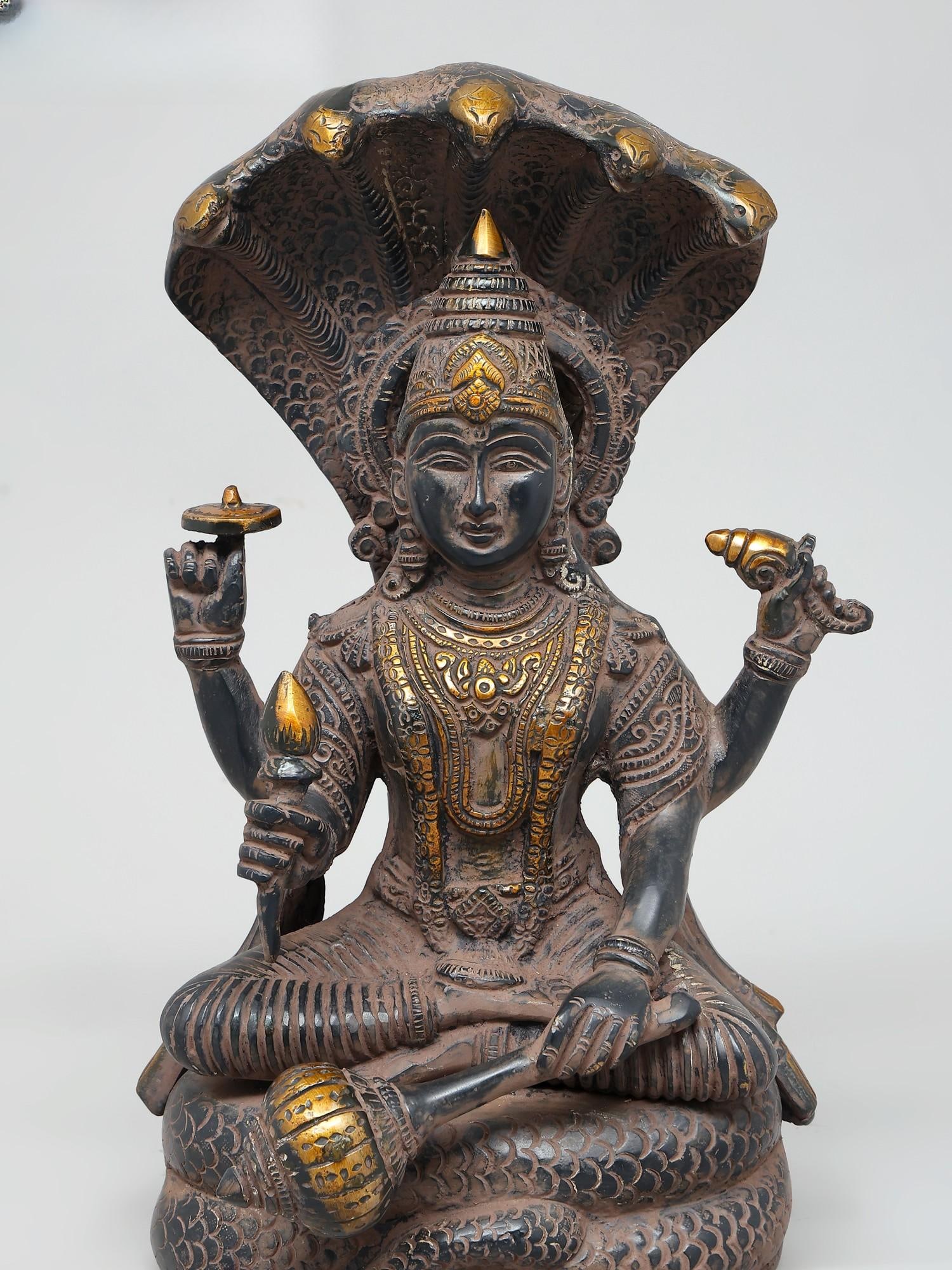 12" Four Armed Lord Vishnu Seated on Sheshnag | Brass Statue | Handmade | Made In India - 2