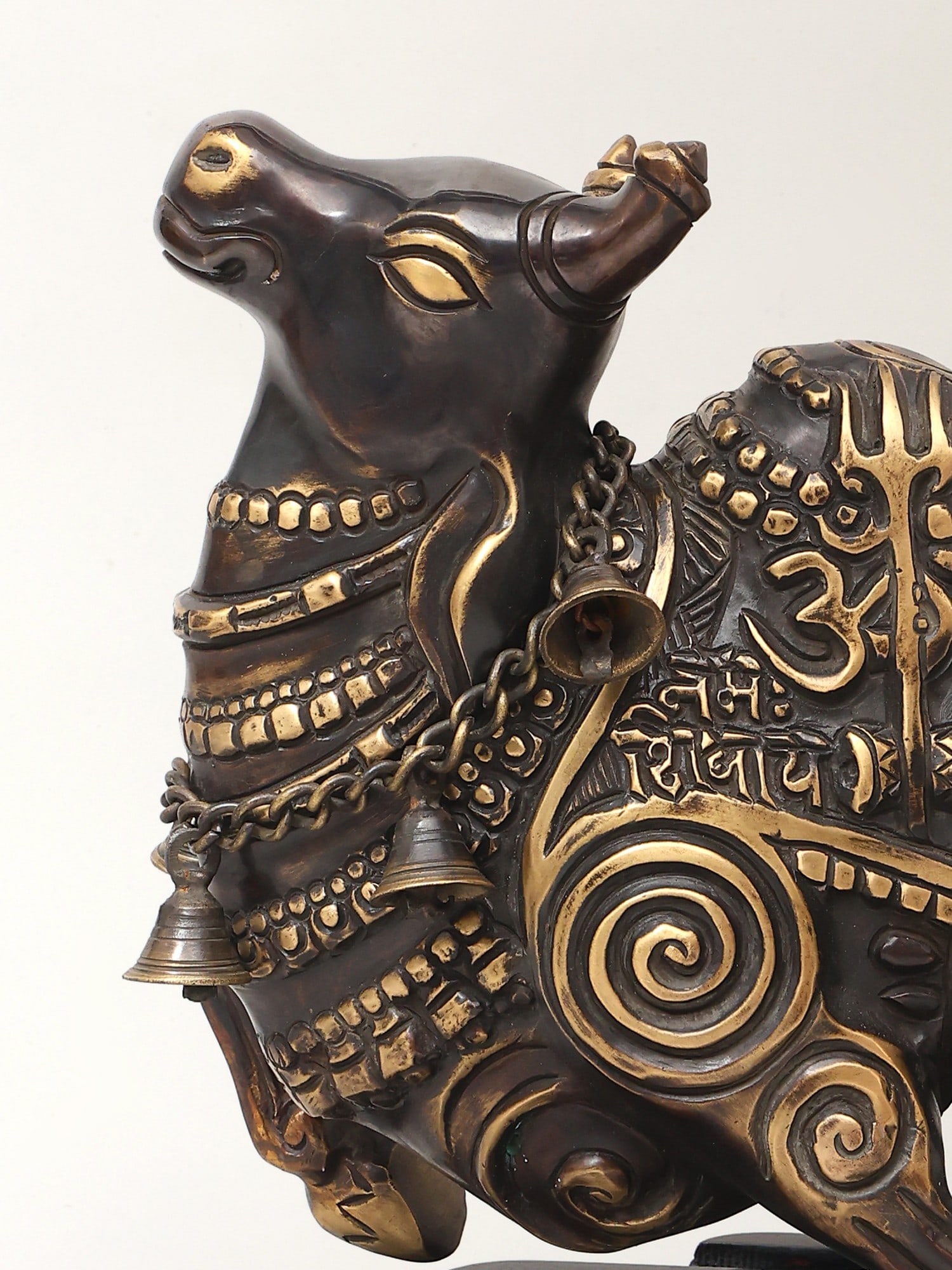 Nandi in Ananda- Bull of Lord Shiva Brass Statue on Wooden Base - 2